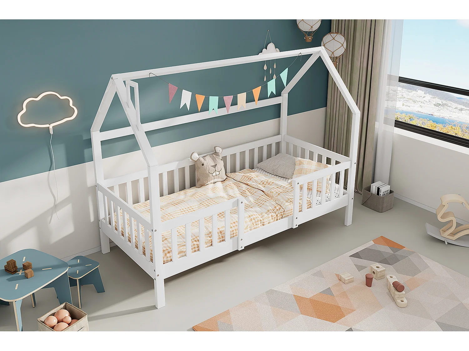 Lit cabane enfant 90 x 200 cm avec tête de lit - Pin + Panneau de particules + Contreplaqué - Blanc (sans matelas)