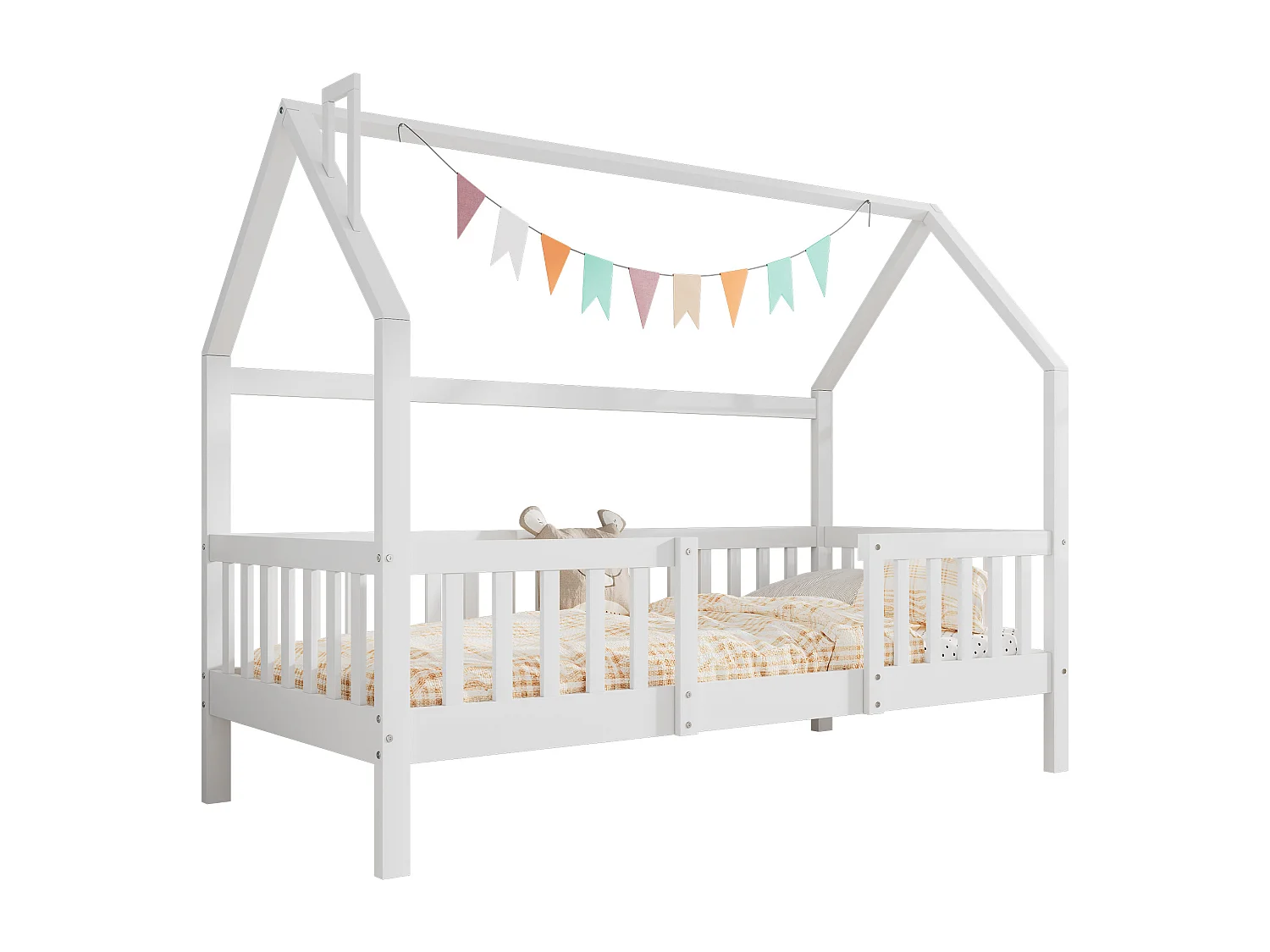 Lit cabane enfant 90 x 200 cm avec tête de lit - Pin + Panneau de particules + Contreplaqué - Blanc (sans matelas)