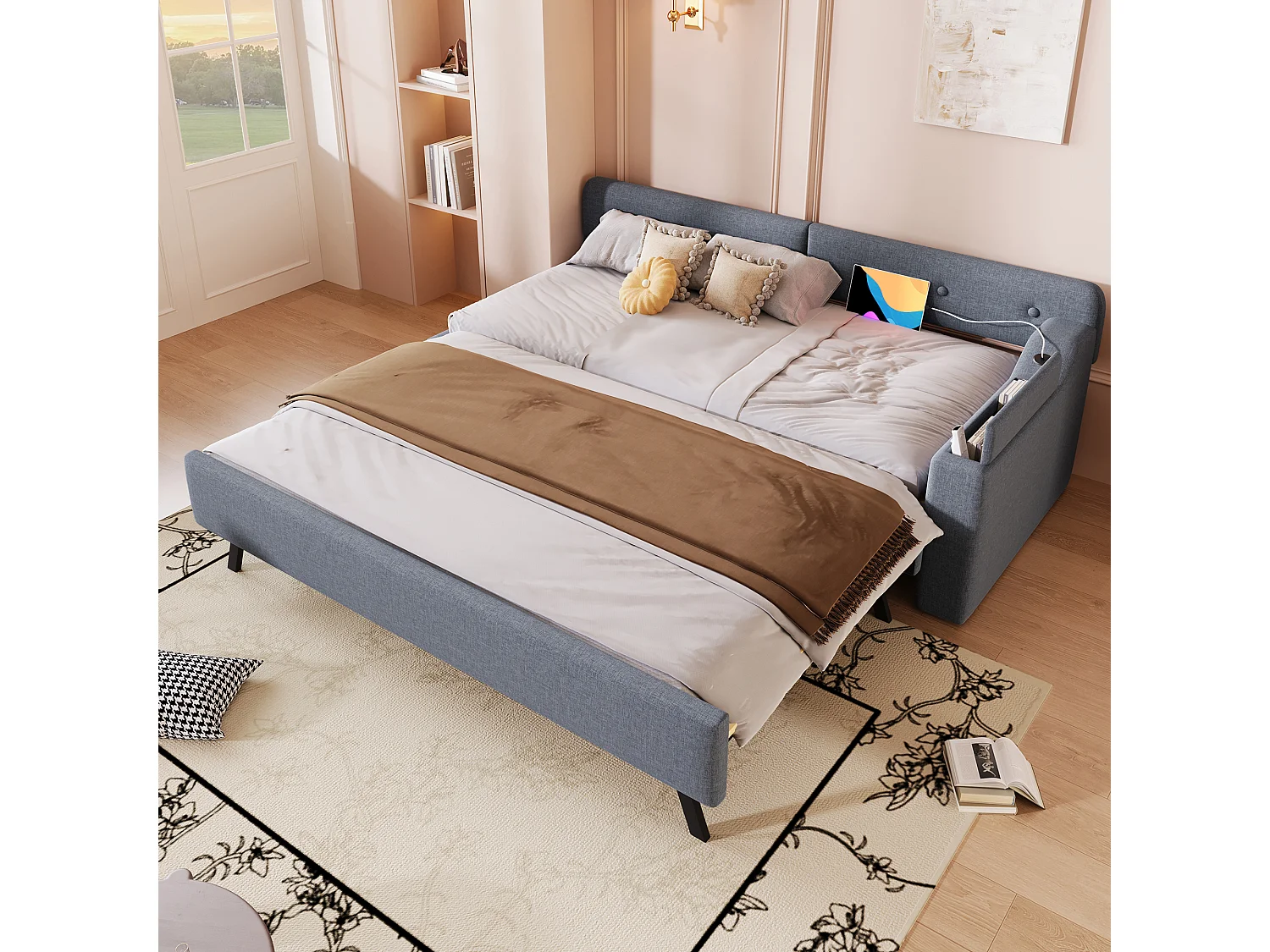 Lit gigogne 90 x 200 cm + 90 x 190 cm avec tête de lit - Charge USB et type-c - Tissu en lin - Gris (sans matelas)