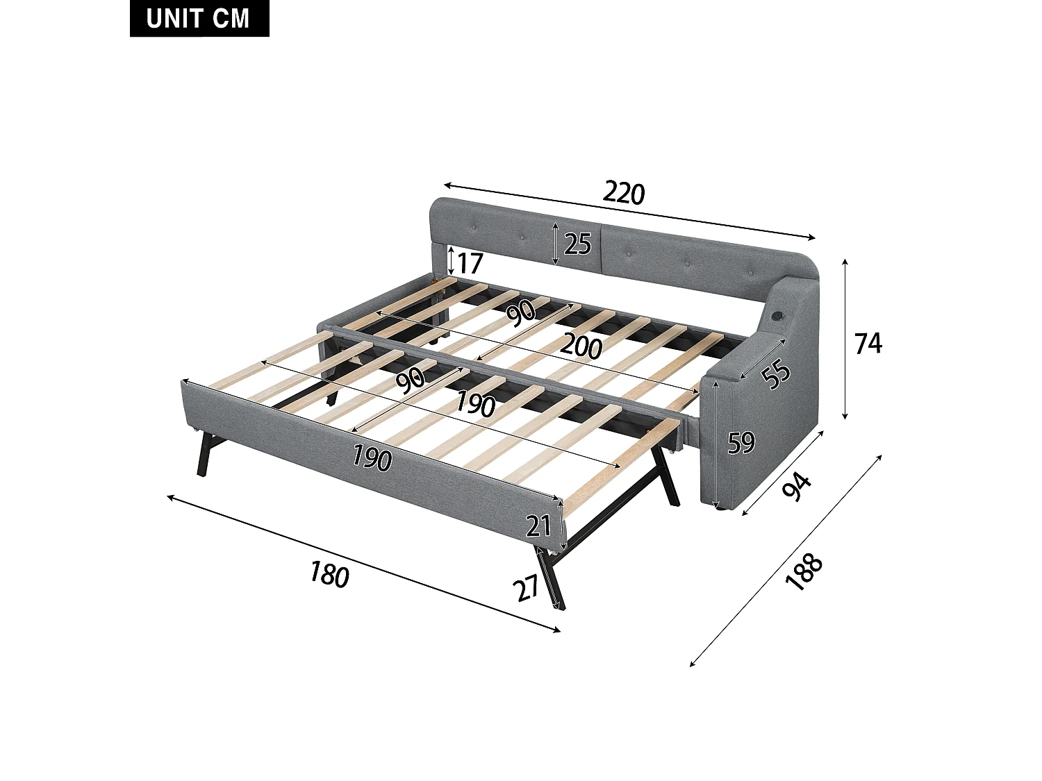Lit gigogne 90 x 200 cm + 90 x 190 cm avec tête de lit - Charge USB et type-c - Tissu en lin - Gris (sans matelas)