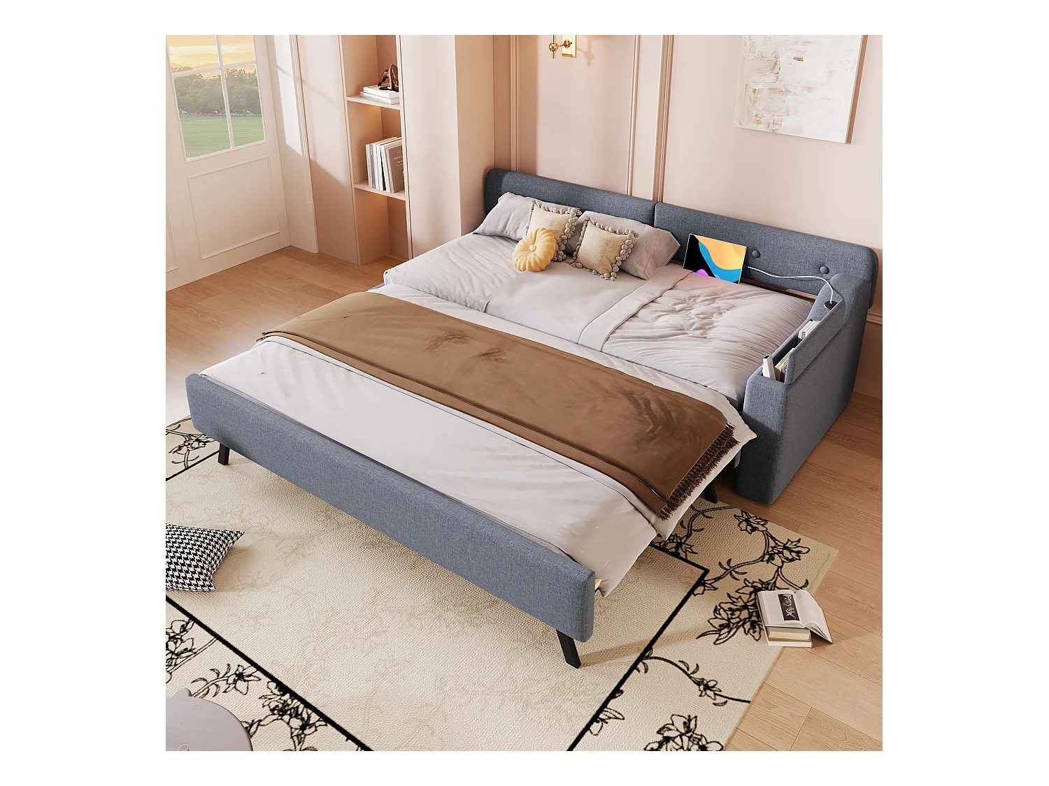 Cama nido 90x200 cm + 90x190 cm con cabecero - Carga USB y tipo C - Tejido de lino - Gris (sin colchón)
