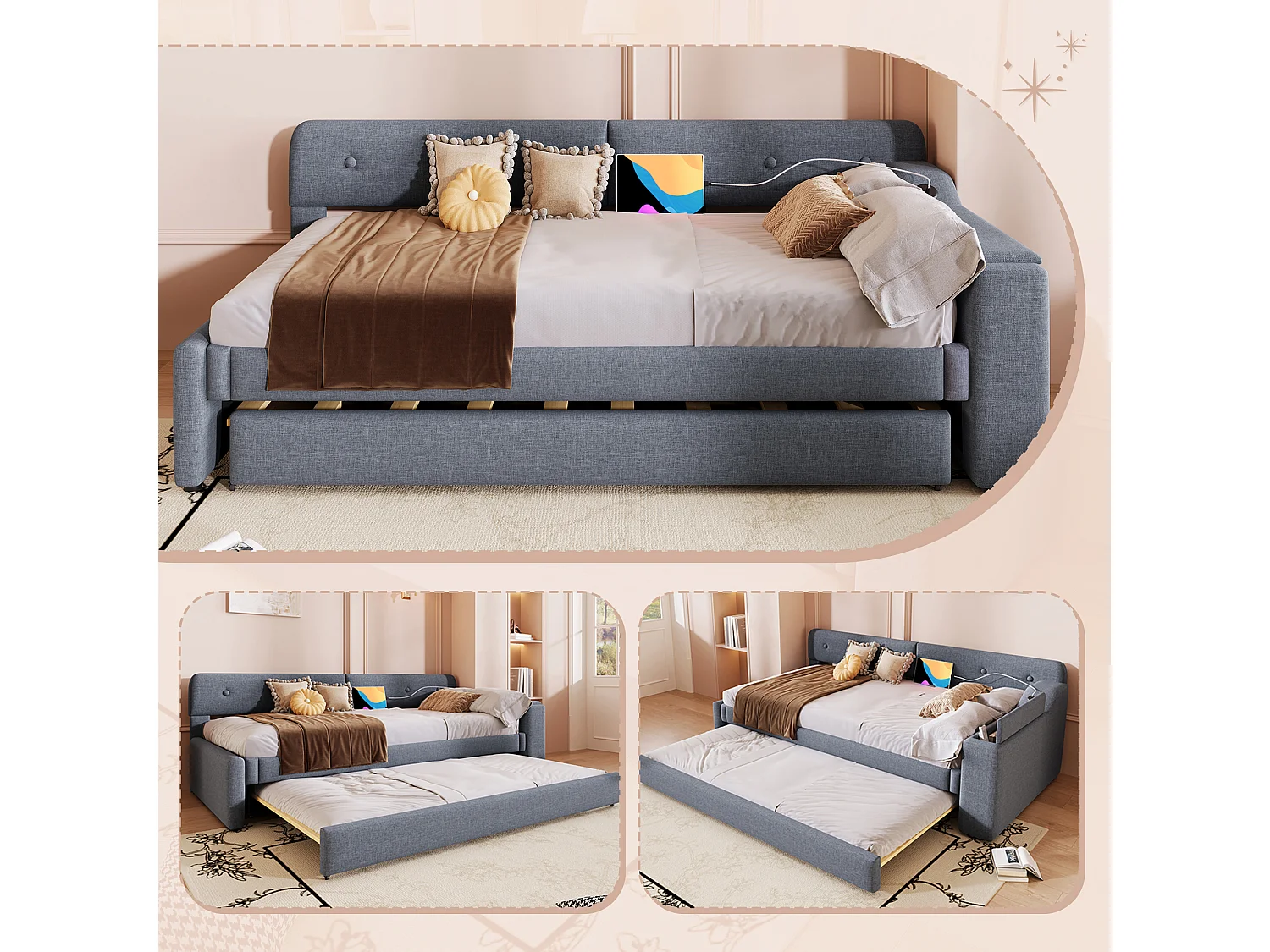 Ausziehbett 90 x 200 cm + 90 x 190 cm mit Kopfteil - USB- und Typ-C-Ladefunktion - Leinenstoff - Grau (ohne Matratze)