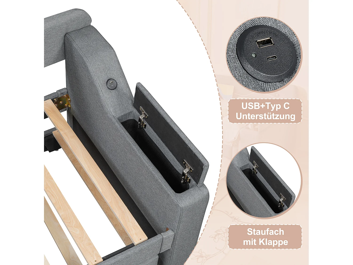Ausziehbett 90 x 200 cm + 90 x 190 cm mit Kopfteil - USB- und Typ-C-Ladefunktion - Leinenstoff - Grau (ohne Matratze)