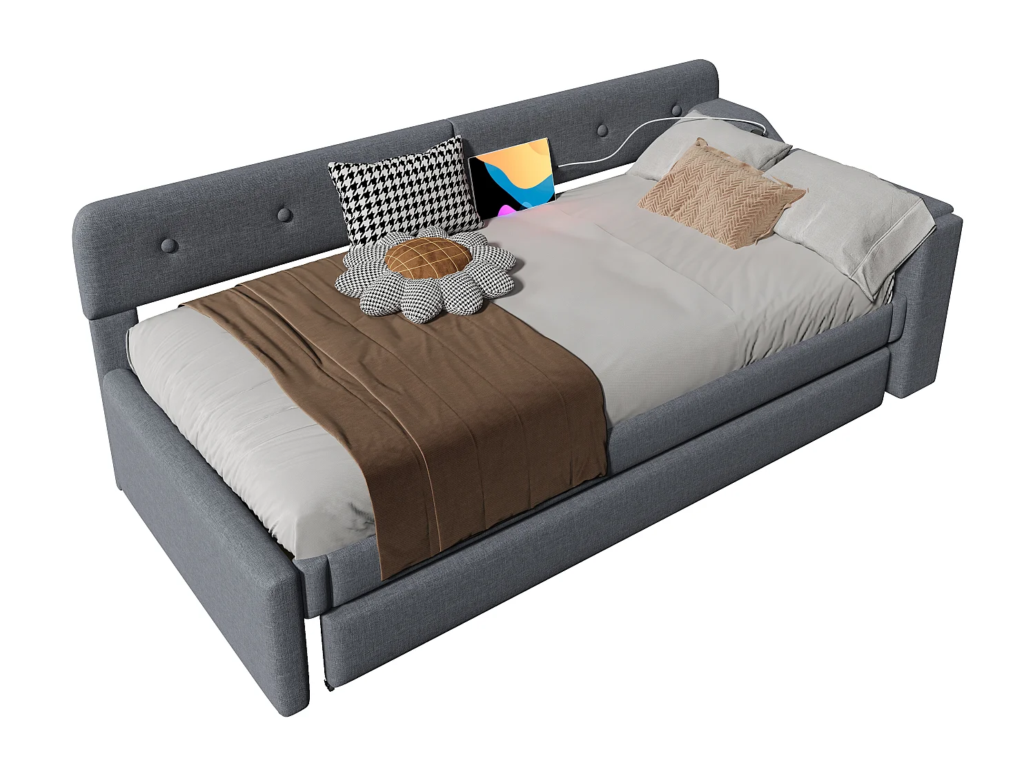 Ausziehbett 90 x 200 cm + 90 x 190 cm mit Kopfteil - USB- und Typ-C-Ladefunktion - Leinenstoff - Grau (ohne Matratze)