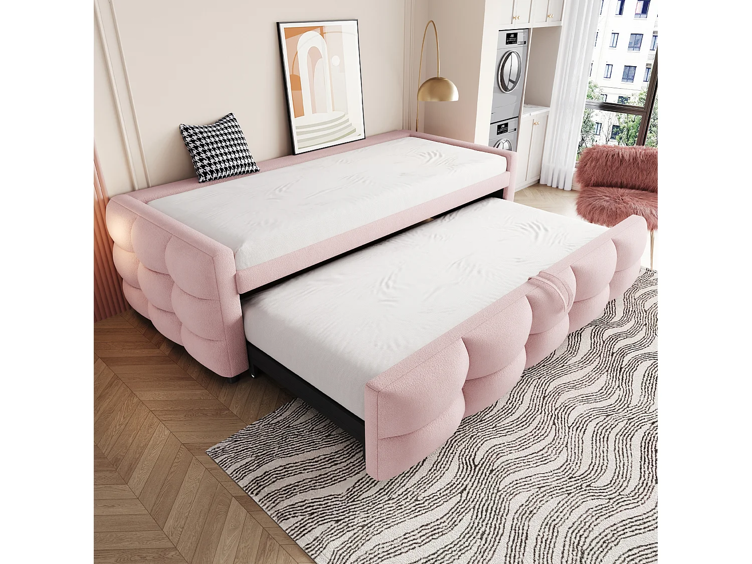 Łóżko wysuwane 90/180 x 190 cm bez wezgłowia - Tkanina aksamitna Teddy - z podstawą z listew - Różowe