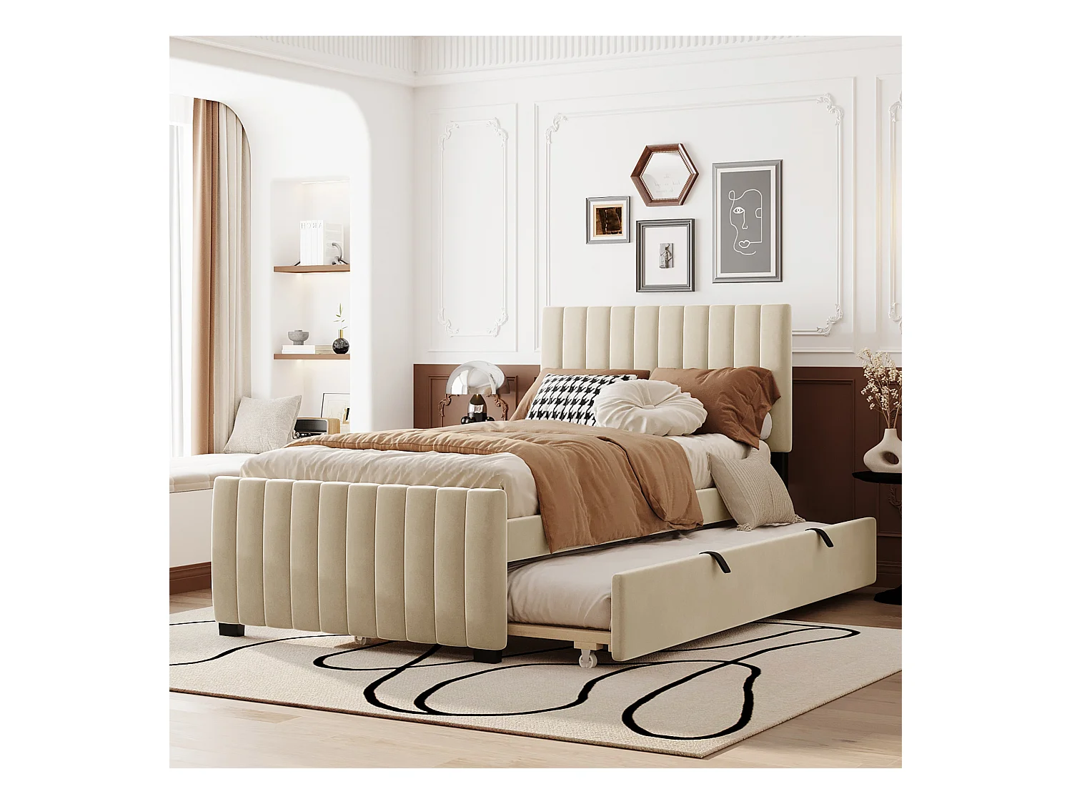 Lit gigogne 2 x 90 x 190 cm avec tête de lit - Velours - pour enfant - Sommier à lattes inclus - Beige