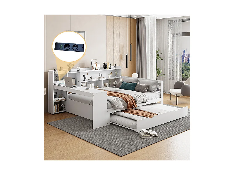 Ausziehbett 140 x 200 cm + 90 x 190 cm – mit Schreibtisch, Fächern und USB-Anschlüssen – Kiefer + Sperrholz + MDF – Weiß