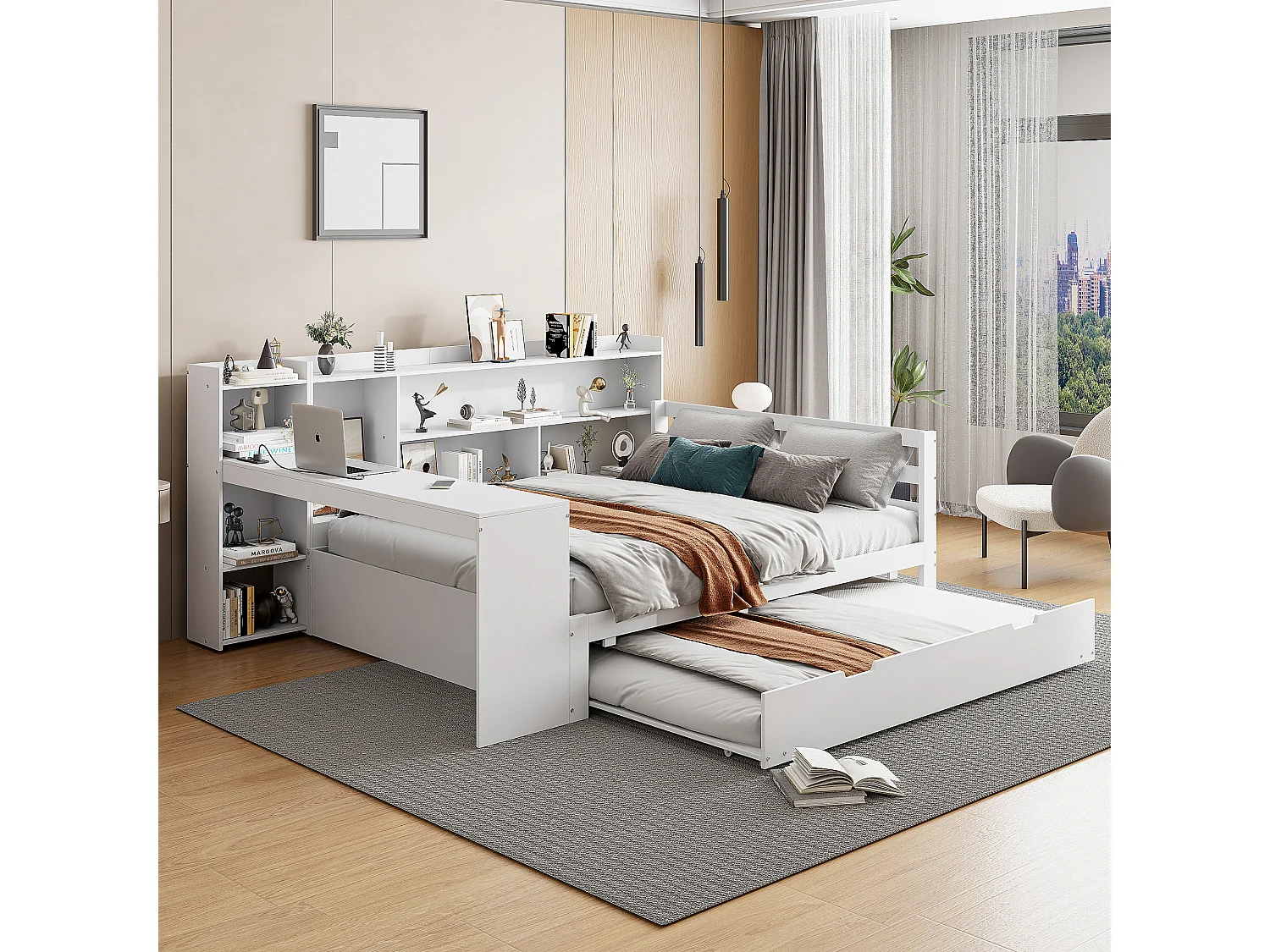 Lit gigogne 140 x 200 cm + 90 x 190 cm - avec bureau, compartiments et prises USB -  Pin + contreplaqué + MDF - Blanc