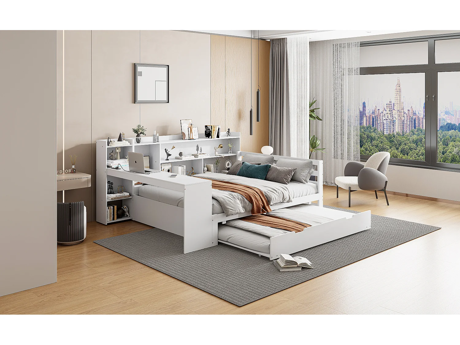 Lit gigogne 140 x 200 cm + 90 x 190 cm - avec bureau, compartiments et prises USB -  Pin + contreplaqué + MDF - Blanc