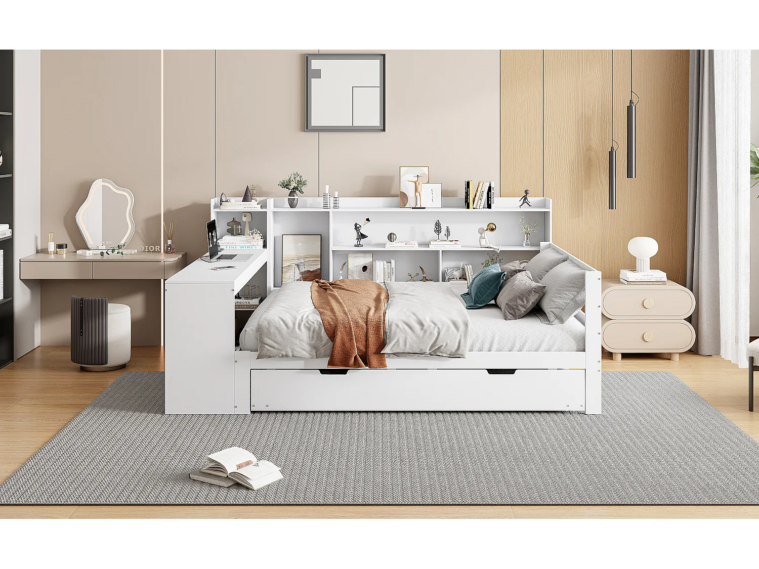 Lit gigogne 140 x 200 cm + 90 x 190 cm - avec bureau, compartiments et prises USB -  Pin + contreplaqué + MDF - Blanc