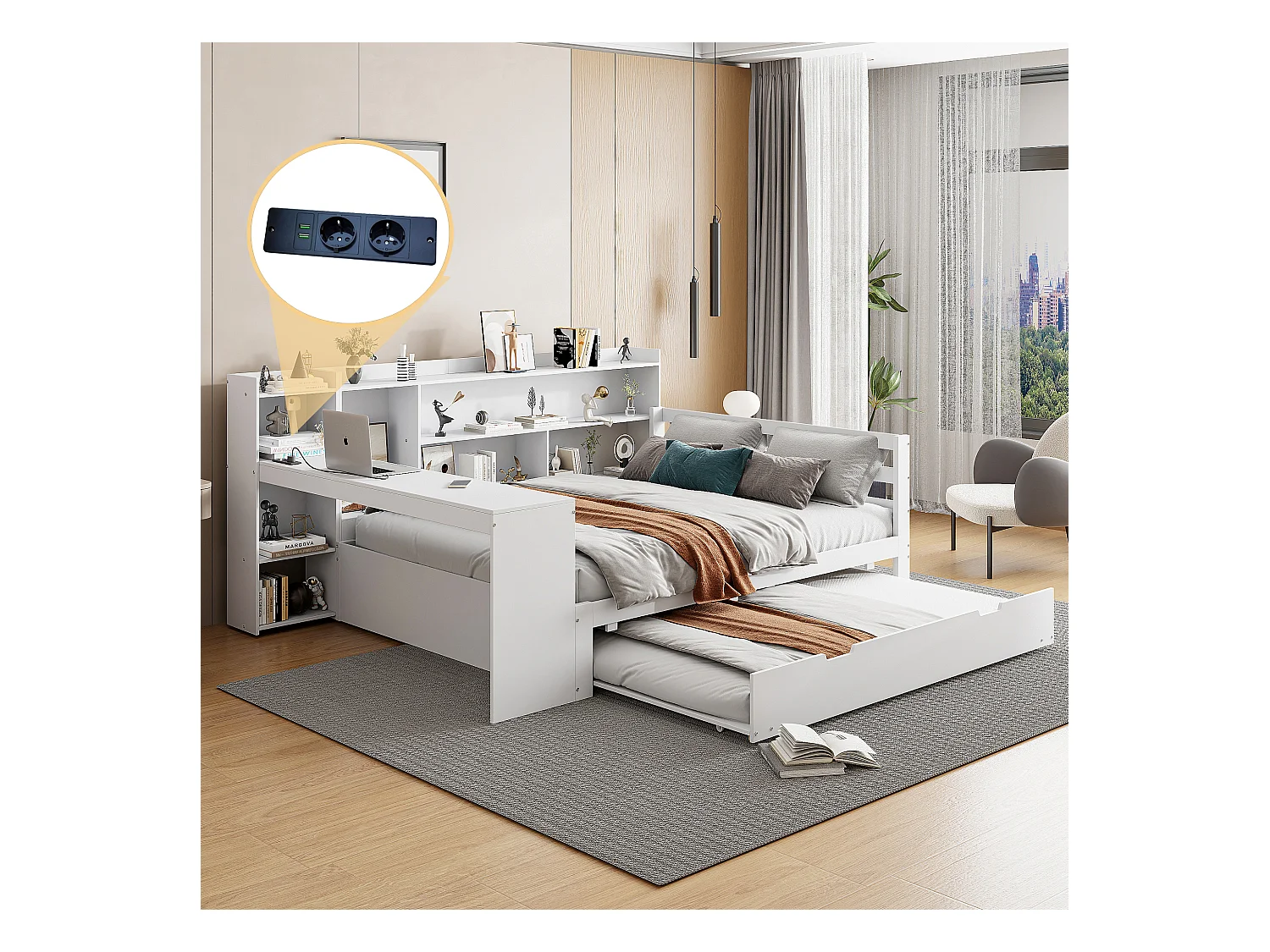 Lit gigogne 140 x 200 cm + 90 x 190 cm - avec bureau, compartiments et prises USB -  Pin + contreplaqué + MDF - Blanc
