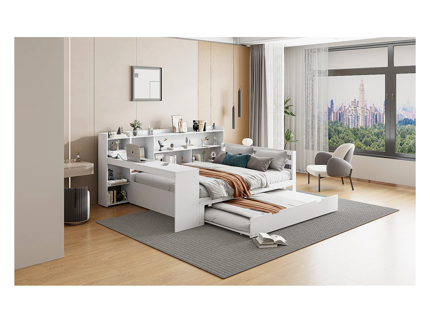 Łóżko wysuwane 140 x 200 cm + 90 x 190 cm - z biurkiem, przegródkami i portami USB - Sosna + sklejka + MDF - Białe