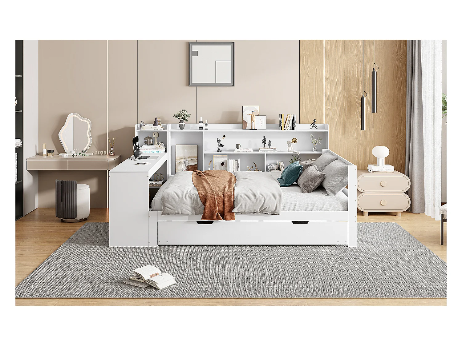 Łóżko wysuwane 140 x 200 cm + 90 x 190 cm - z biurkiem, przegródkami i portami USB - Sosna + sklejka + MDF - Białe