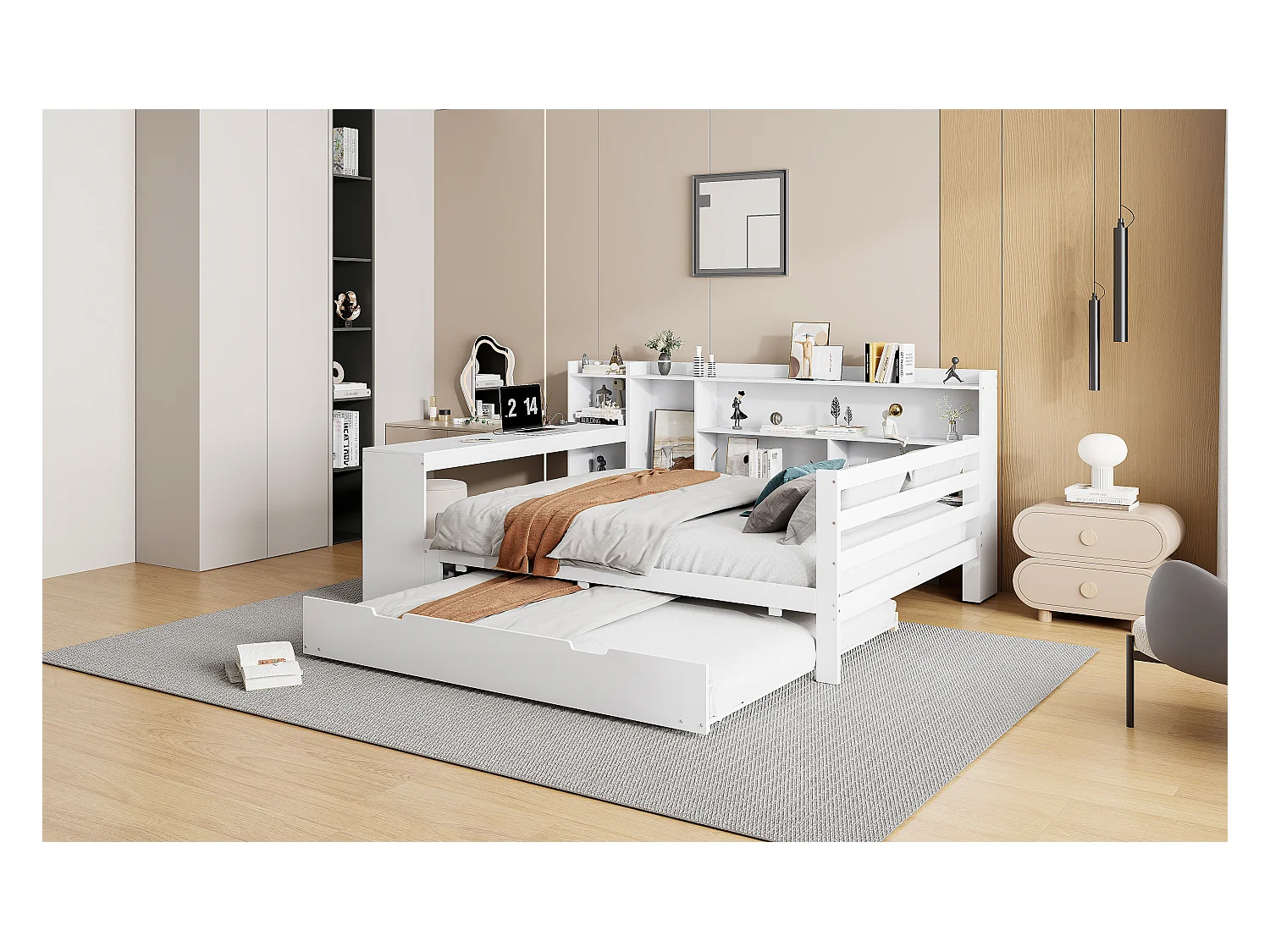 Łóżko wysuwane 140 x 200 cm + 90 x 190 cm - z biurkiem, przegródkami i portami USB - Sosna + sklejka + MDF - Białe