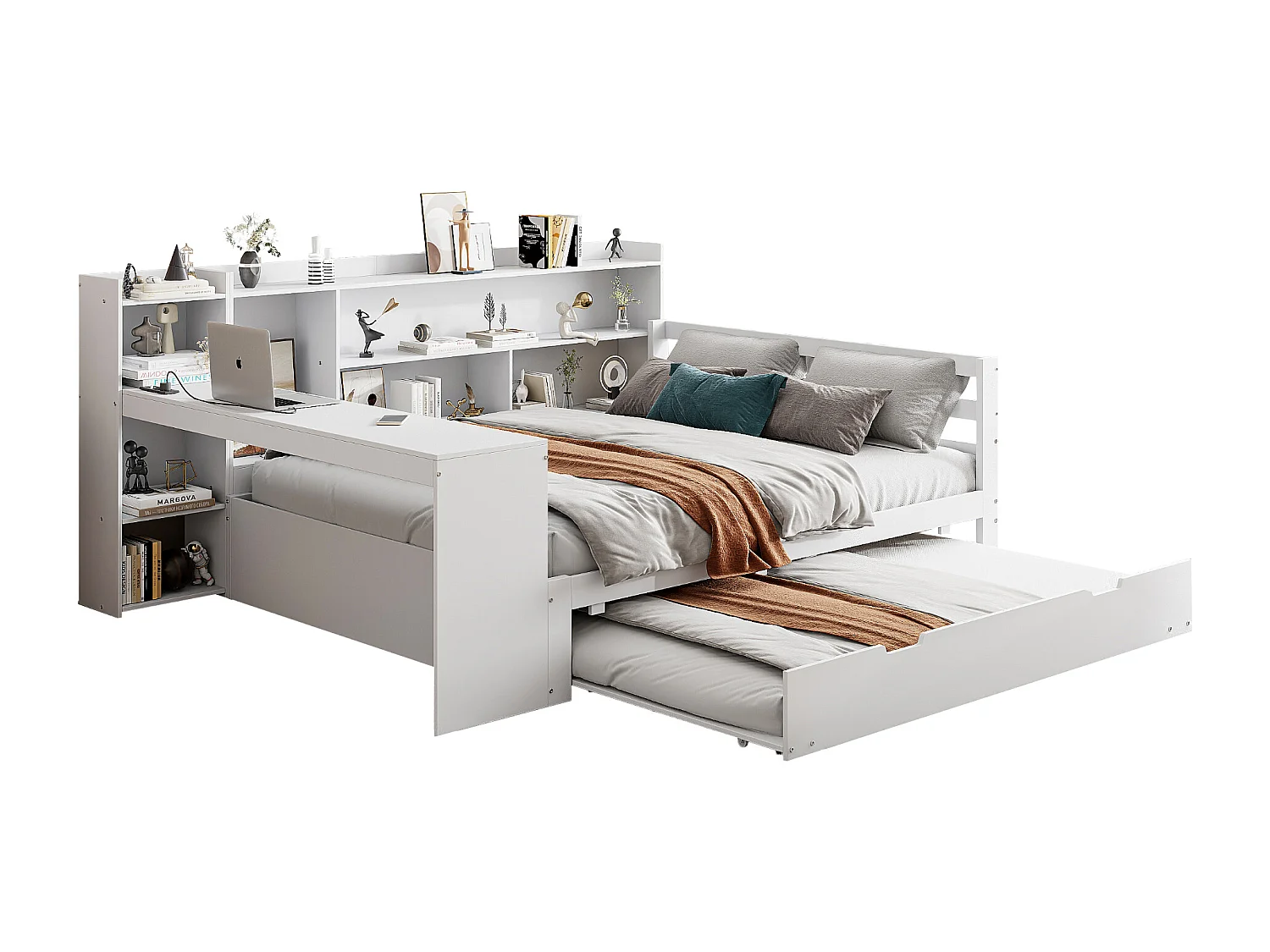 Łóżko wysuwane 140 x 200 cm + 90 x 190 cm - z biurkiem, przegródkami i portami USB - Sosna + sklejka + MDF - Białe