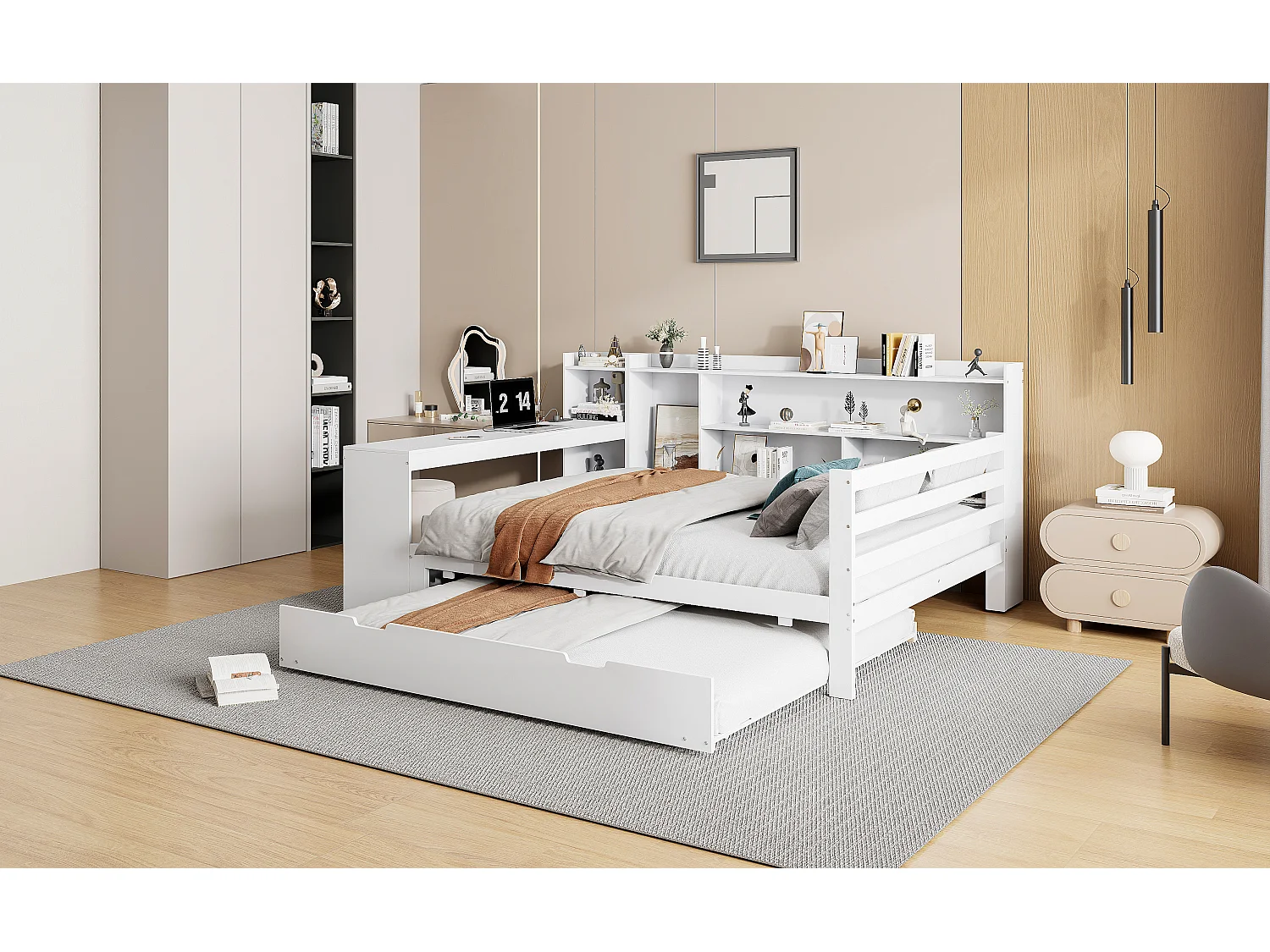 Ausziehbett 140 x 200 cm + 90 x 190 cm – mit Schreibtisch, Fächern und USB-Anschlüssen – Kiefer + Sperrholz + MDF – Weiß