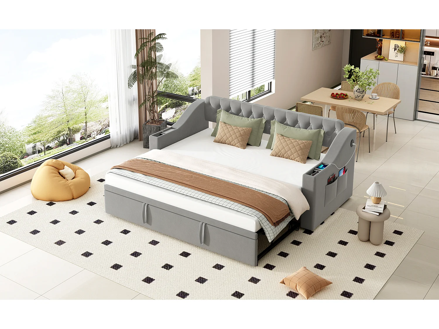 Lit gigogne 90/180 x 190 cm avec tête de lit - 2 poches et charge USB - Velours - Gris