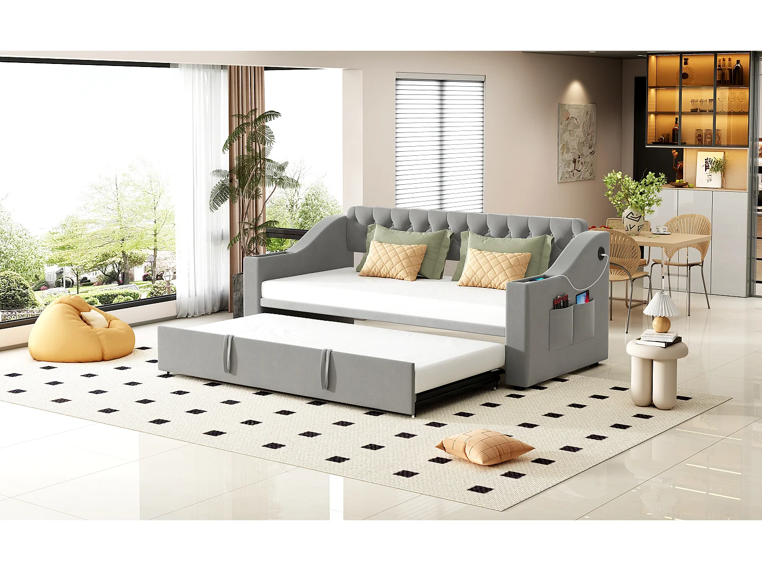 Lit gigogne 90/180 x 190 cm avec tête de lit - 2 poches et charge USB - Velours - Gris