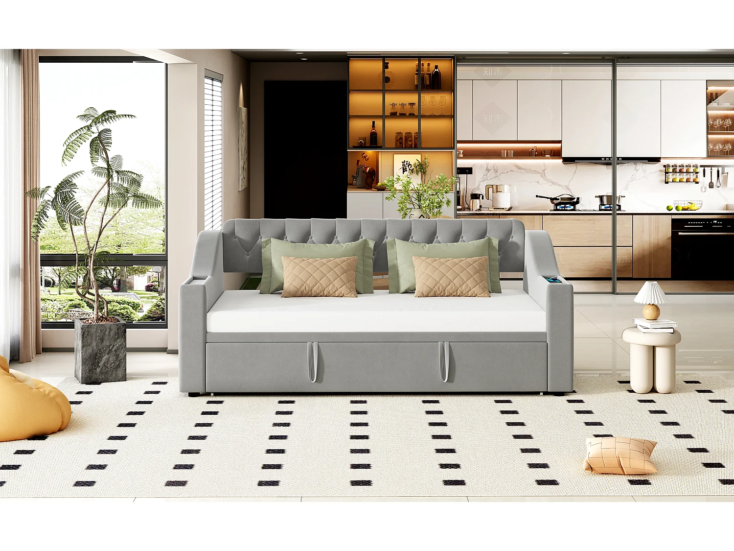 Letto estraibile 90/180 x 190 cm con testiera - 2 tasche e ricarica USB - Velluto - Grigio