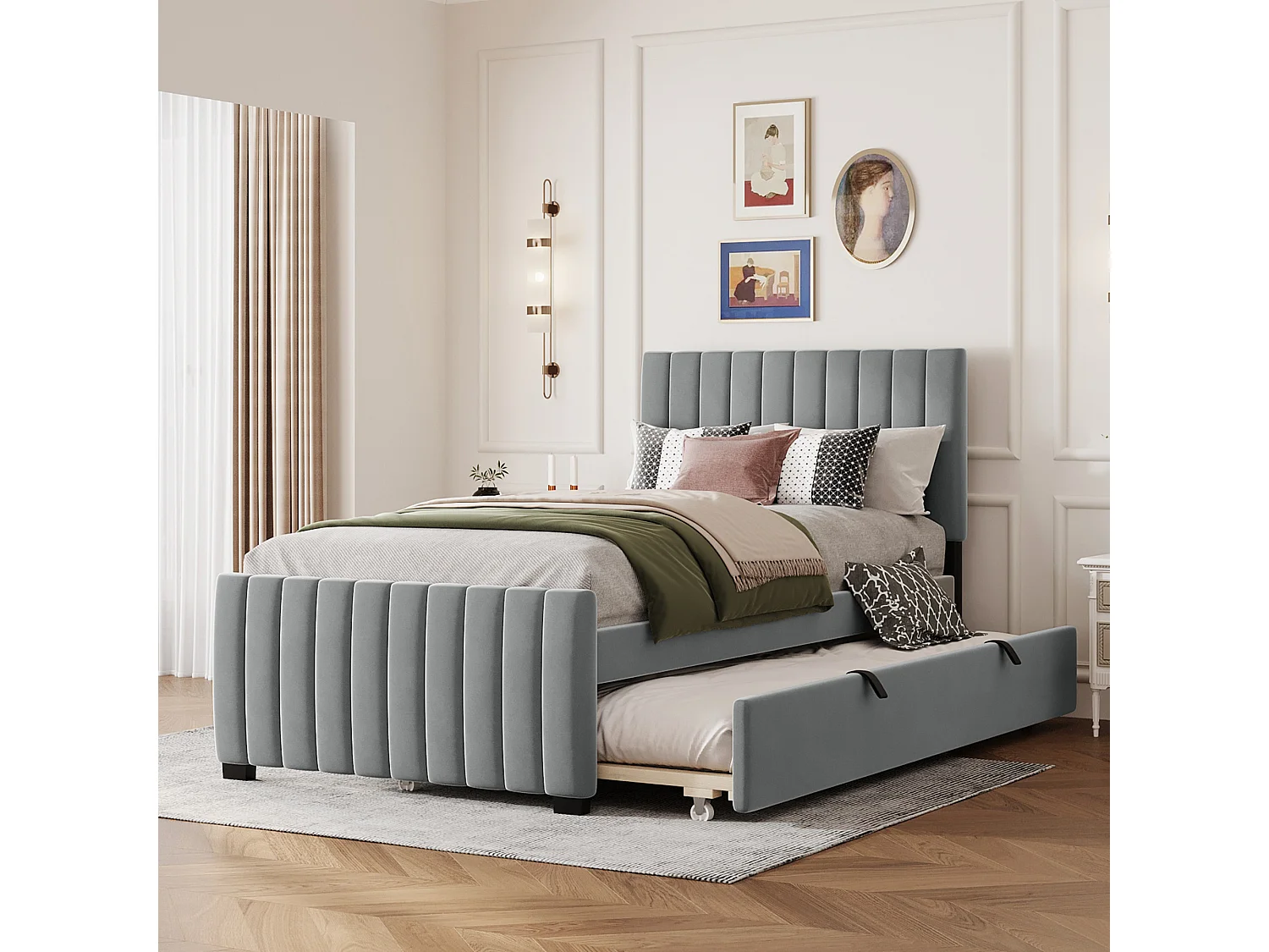 Lit gigogne 2 x 90 x 190 cm avec tête de lit - Velours - pour enfant - Sommier à lattes inclus - Gris