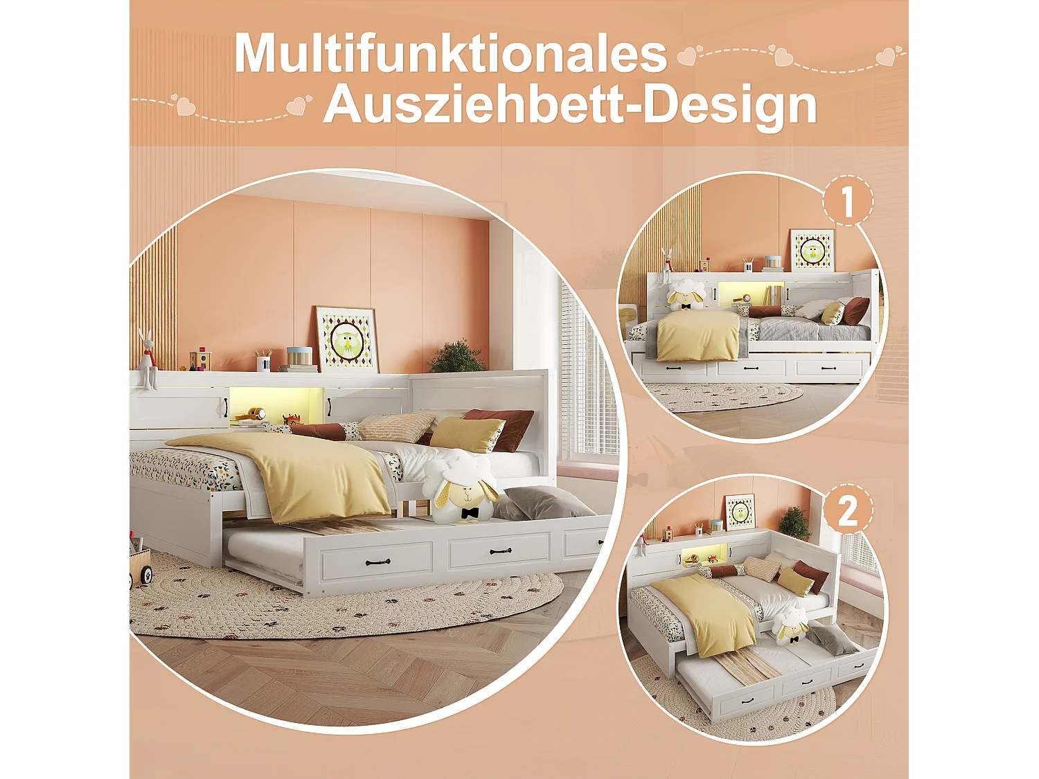 Ausziehbett 140 x 200 cm + 90 x 190 cm mit 2 Schiebetüren und USB-Steckdosen - LEDs - Spanplatte + MDF - Weiß (ohne Matratze)