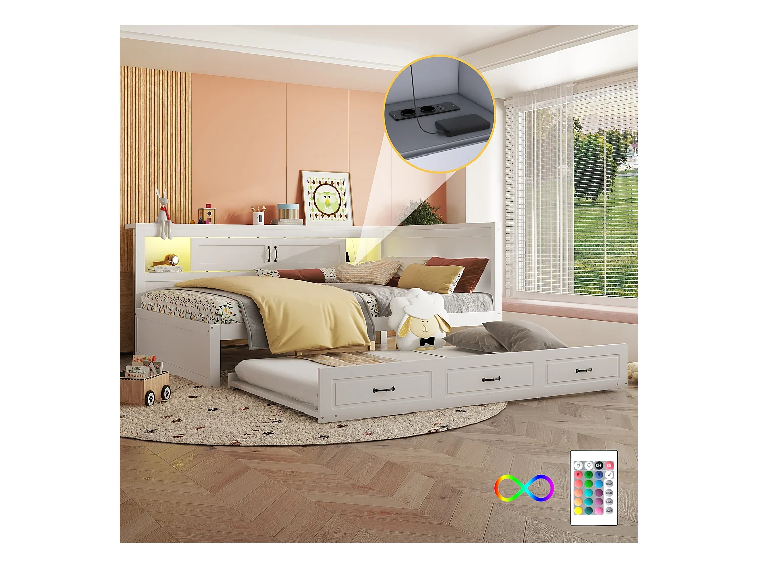 Lit gigogne 140 x 200 cm + 90 x 190 cm avec 2 portes coulissantes et prises USB - LEDs - Aggloméré + MDF - Blanc (sans matelas)