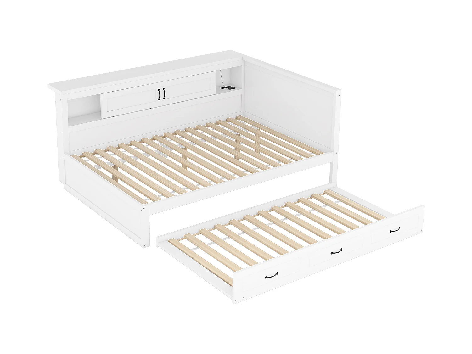 Lit gigogne 140 x 200 cm + 90 x 190 cm avec 2 portes coulissantes et prises USB - LEDs - Aggloméré + MDF - Blanc (sans matelas)
