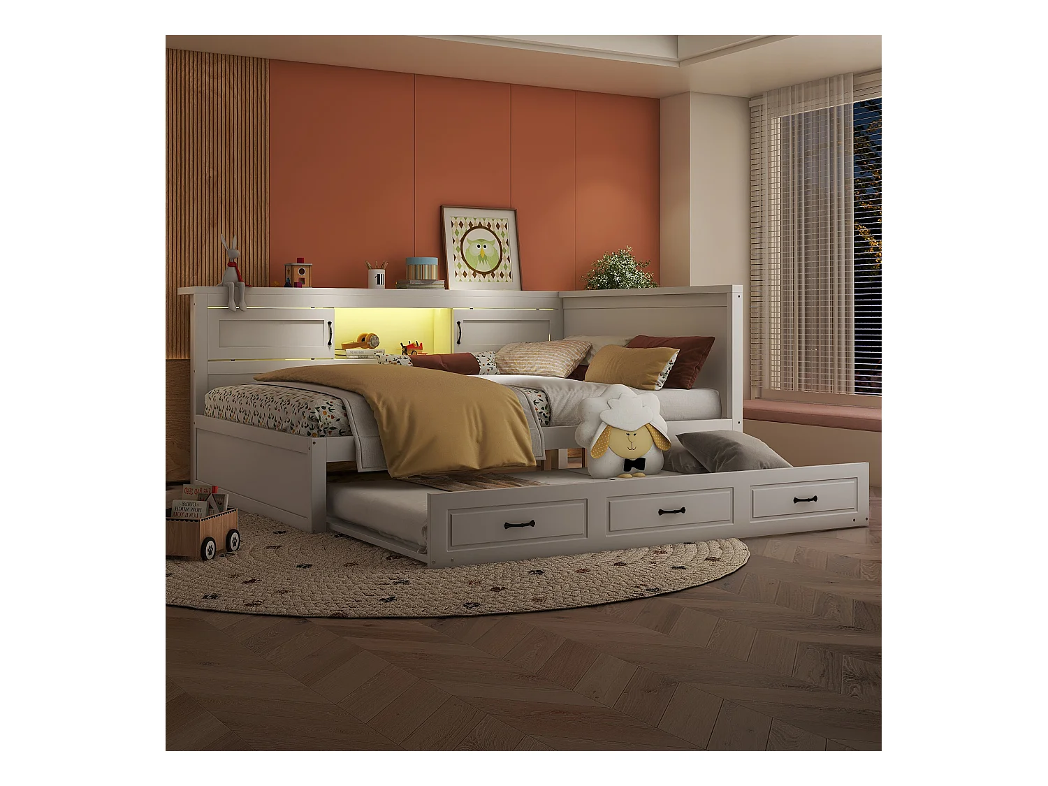 Lit gigogne 140 x 200 cm + 90 x 190 cm avec 2 portes coulissantes et prises USB - LEDs - Aggloméré + MDF - Blanc (sans matelas)