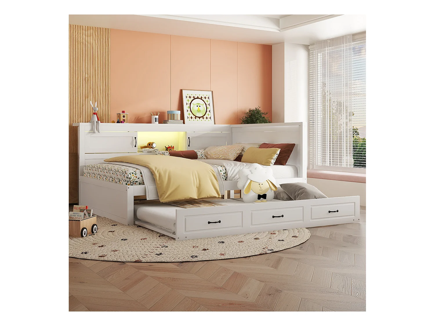 Lit gigogne 140 x 200 cm + 90 x 190 cm avec 2 portes coulissantes et prises USB - LEDs - Aggloméré + MDF - Blanc (sans matelas)