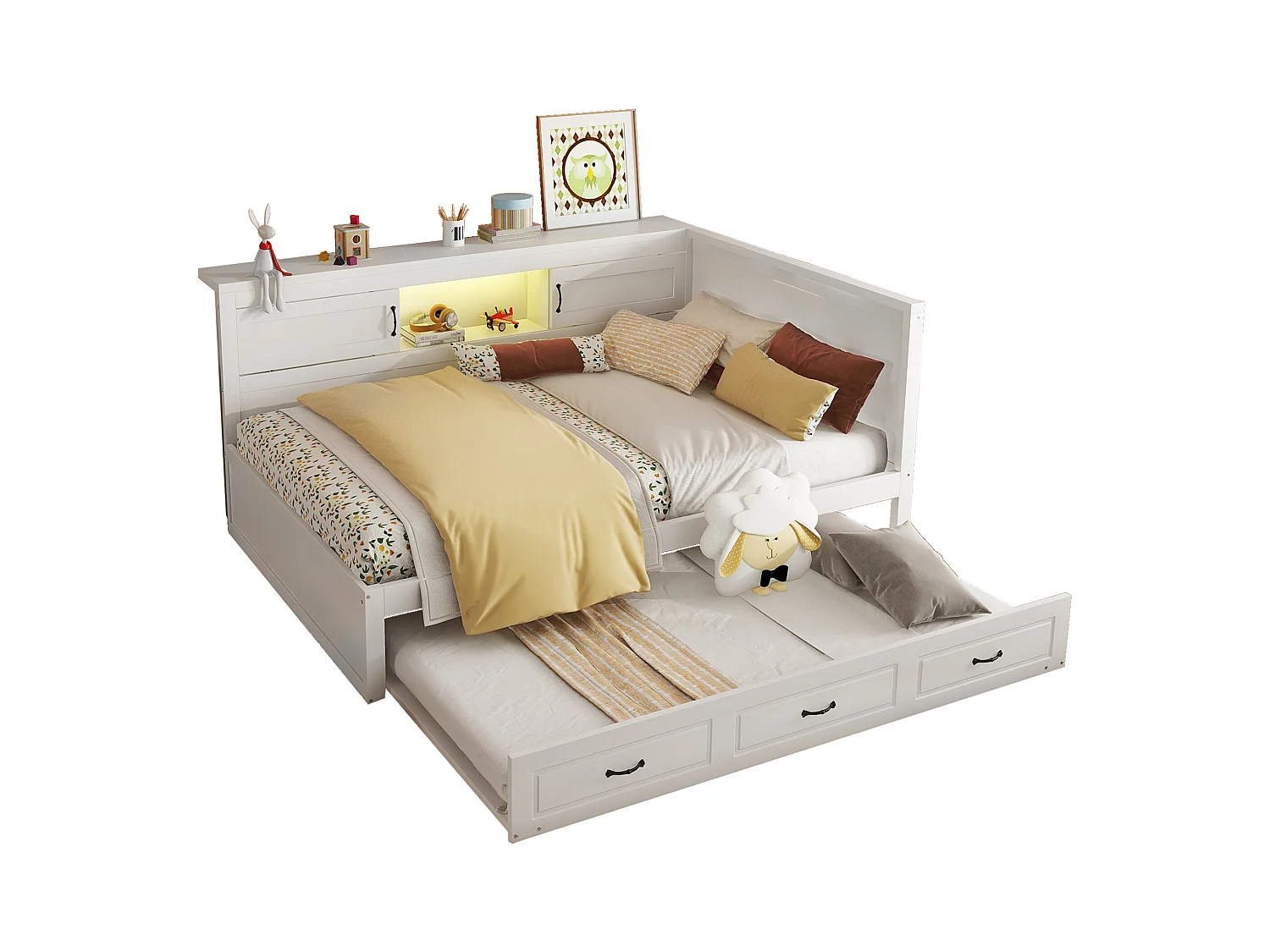 Lit gigogne 140 x 200 cm + 90 x 190 cm avec 2 portes coulissantes et prises USB - LEDs - Aggloméré + MDF - Blanc (sans matelas)