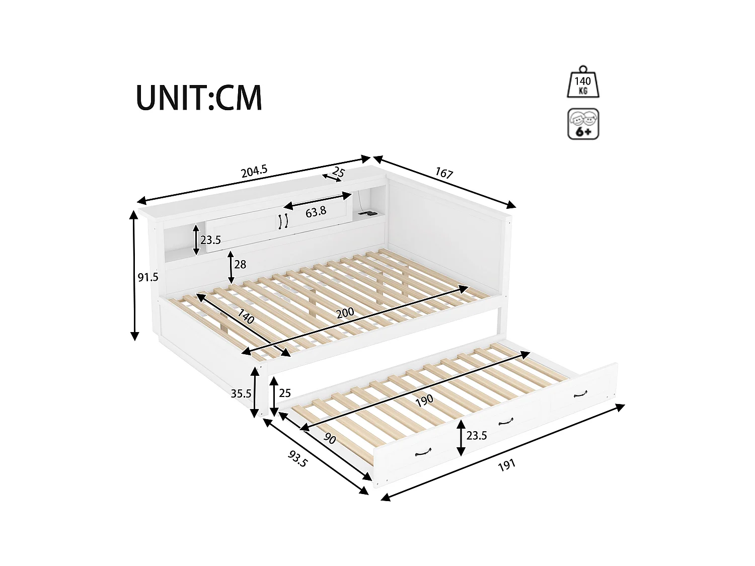 Lit gigogne 140 x 200 cm + 90 x 190 cm avec 2 portes coulissantes et prises USB - LEDs - Aggloméré + MDF - Blanc (sans matelas)