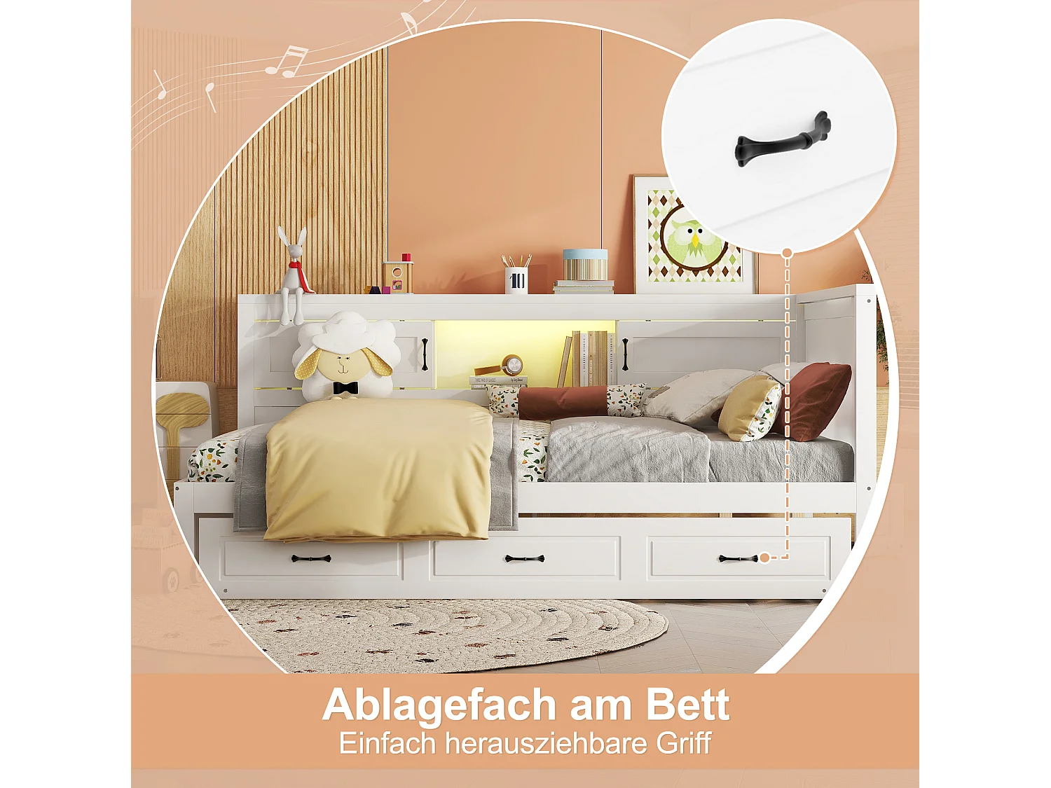 Lit gigogne 140 x 200 cm + 90 x 190 cm avec 2 portes coulissantes et prises USB - LEDs - Aggloméré + MDF - Blanc (sans matelas)