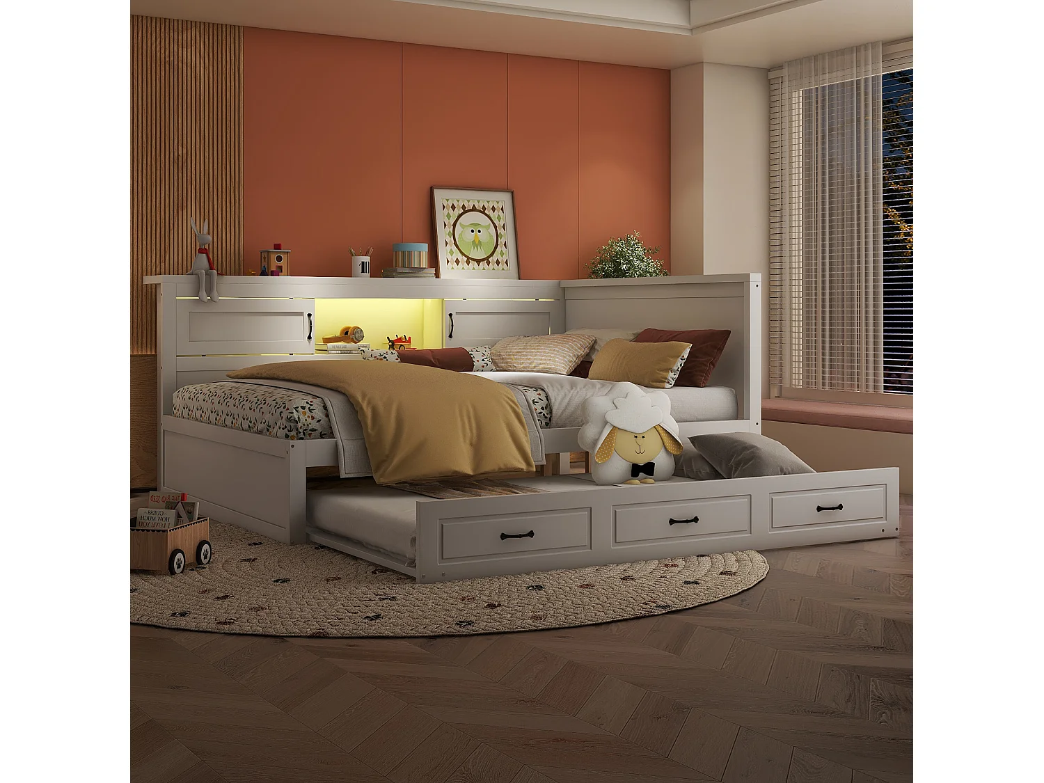 Lit gigogne 140 x 200 cm + 90 x 190 cm avec 2 portes coulissantes et prises USB - LEDs - Aggloméré + MDF - Blanc (sans matelas)