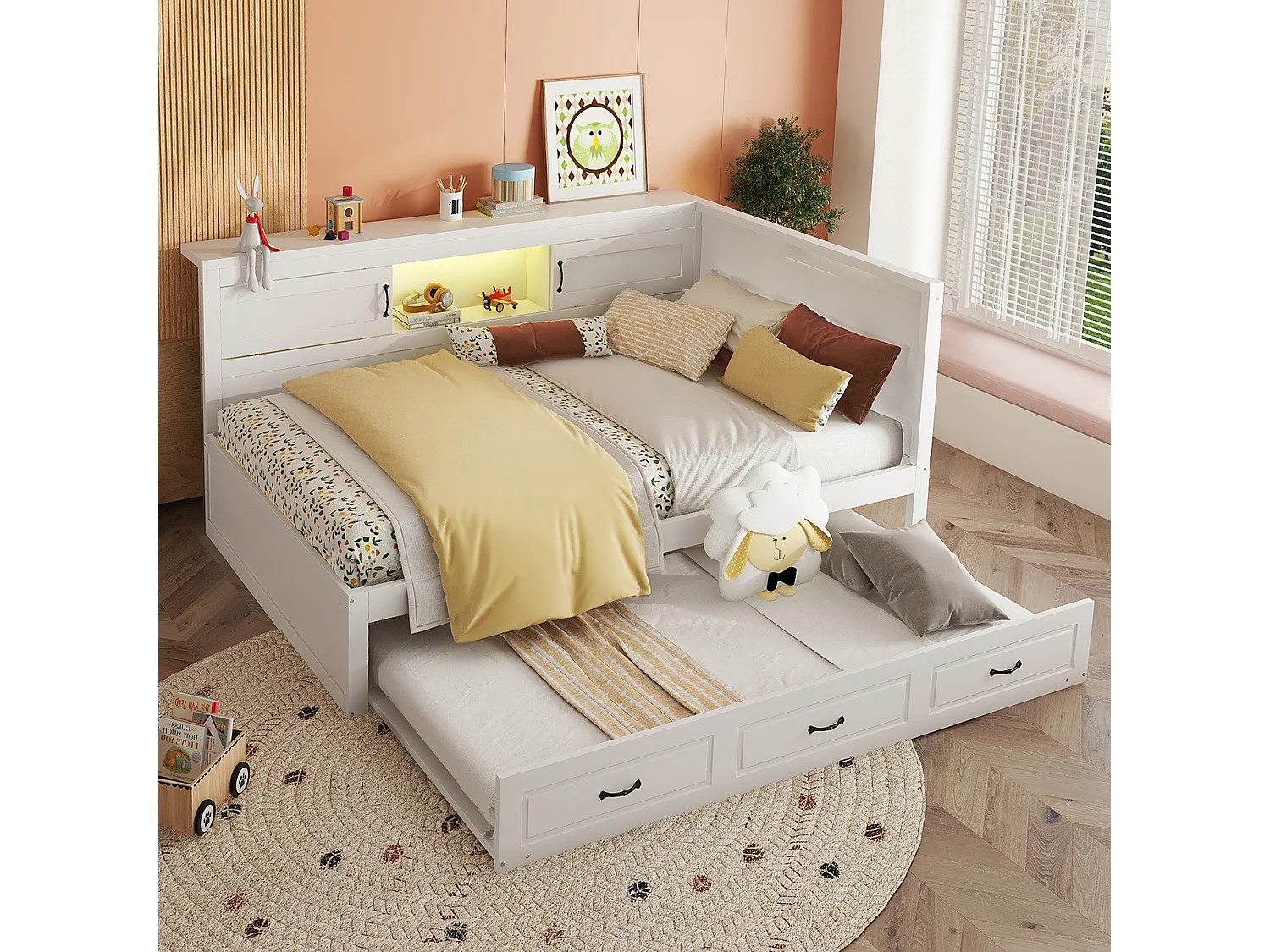 Lit gigogne 140 x 200 cm + 90 x 190 cm avec 2 portes coulissantes et prises USB - LEDs - Aggloméré + MDF - Blanc (sans matelas)