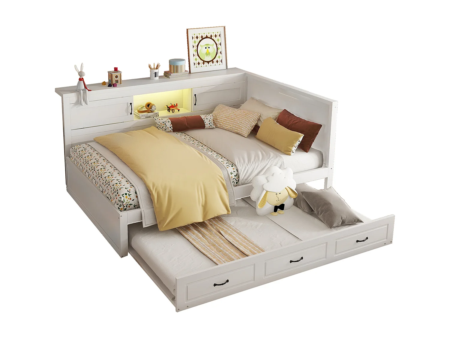 Lit gigogne 140 x 200 cm + 90 x 190 cm avec 2 portes coulissantes et prises USB - LEDs - Aggloméré + MDF - Blanc (sans matelas)