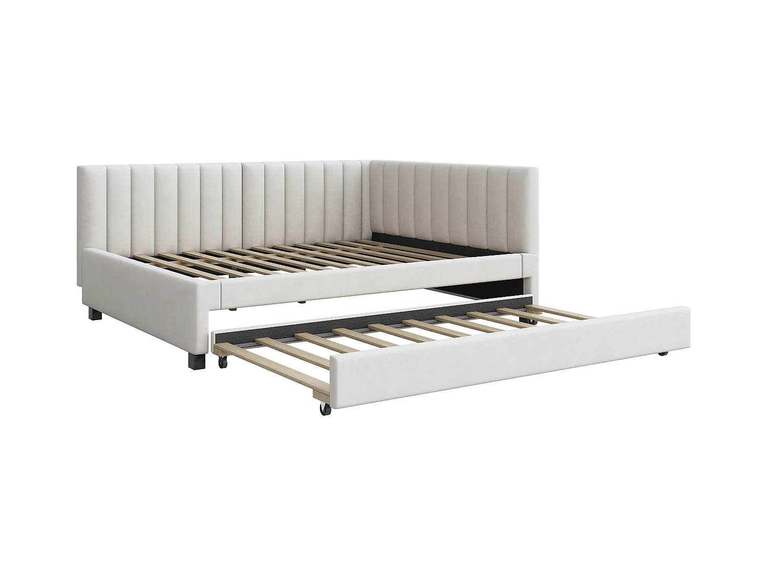 Lit gigogne 140 x 200 cm + 90 x 190 cm avec tête de lit - Tissu velours - avec sommier à lattes - Beige