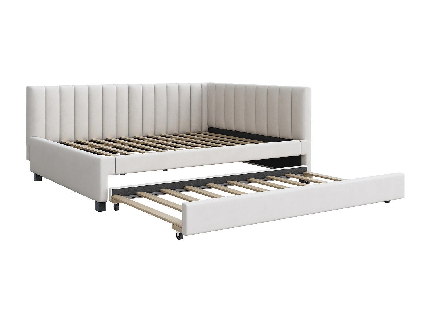 Lit gigogne 140 x 200 cm + 90 x 190 cm avec tête de lit - Tissu velours - avec sommier à lattes - Beige