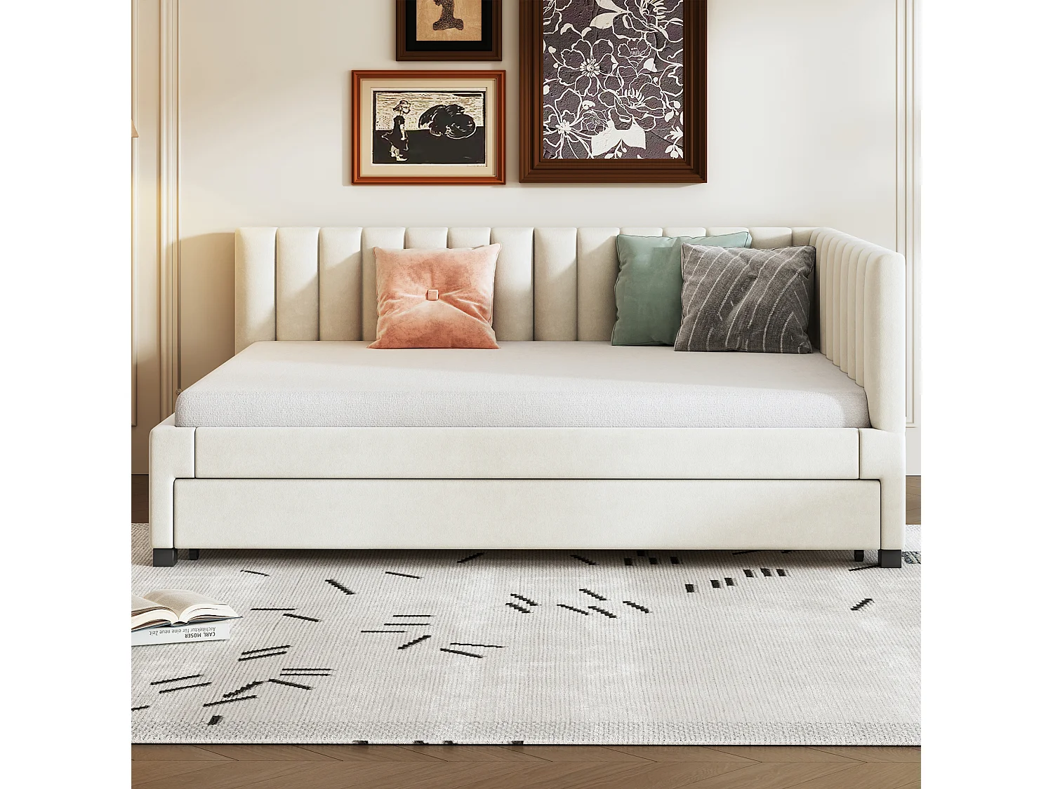 Lit gigogne 140 x 200 cm + 90 x 190 cm avec tête de lit - Tissu velours - avec sommier à lattes - Beige