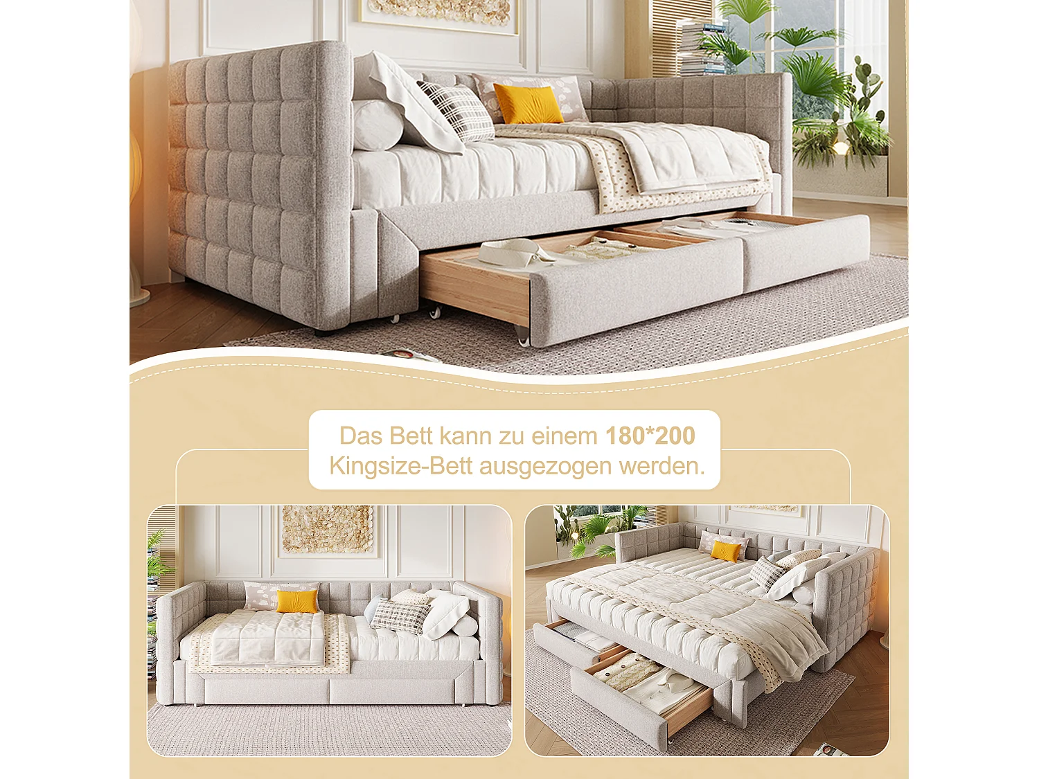 Uitschuifbed 90/180 x 200 cm, Dagbed met hoofdbord en 2 lades - Fluweel - Beige (zonder matras)