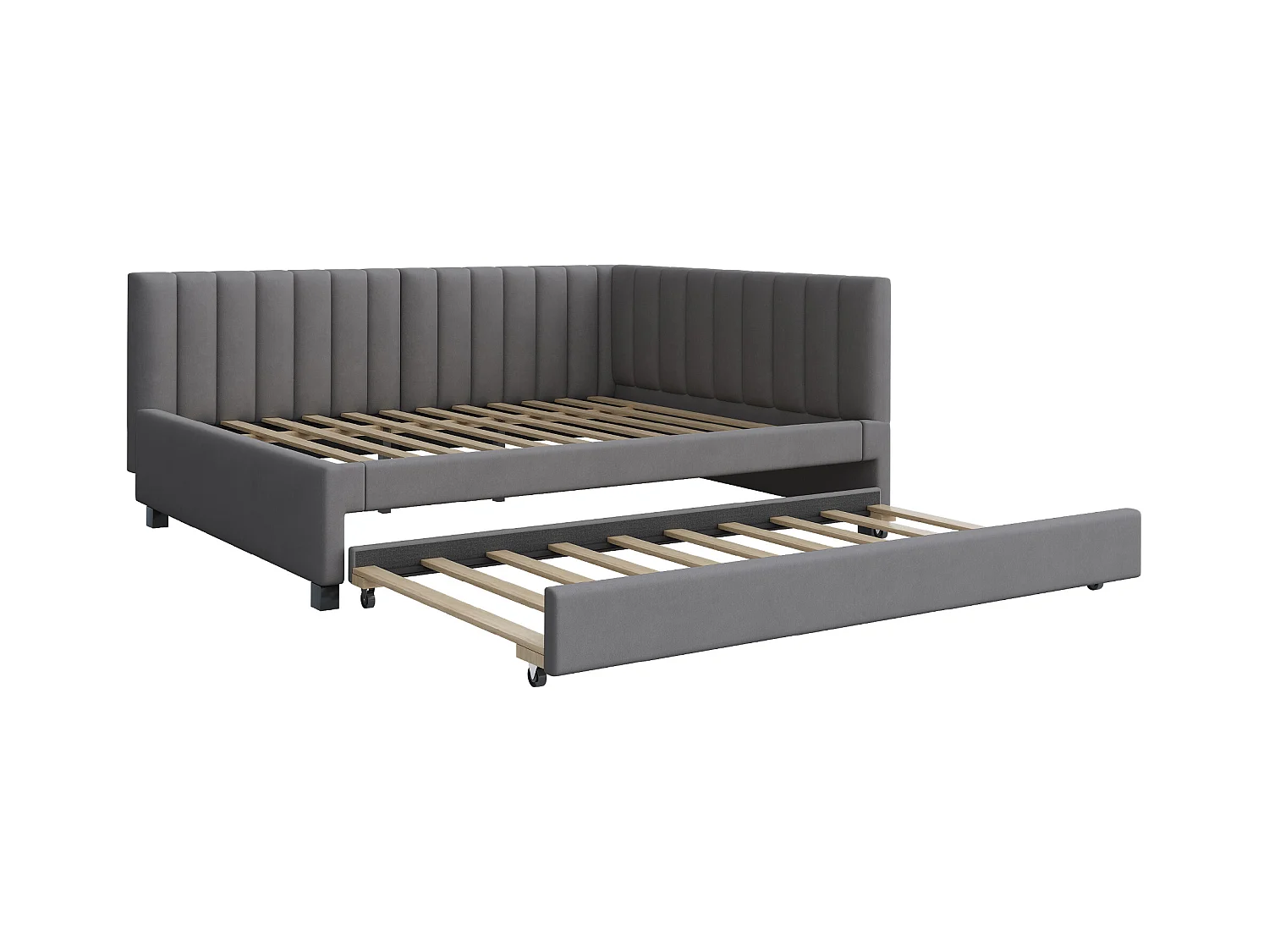 Lit gigogne 140 x 200 cm + 90 x 190 cm avec tête de lit - Tissu velours - avec sommier à lattes - Gris