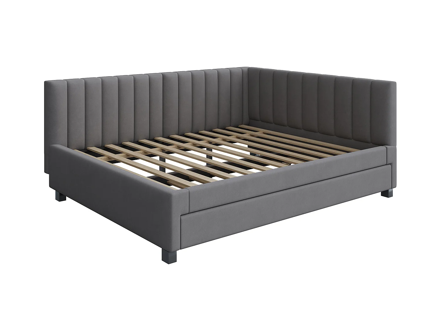 Lit gigogne 140 x 200 cm + 90 x 190 cm avec tête de lit - Tissu velours - avec sommier à lattes - Gris