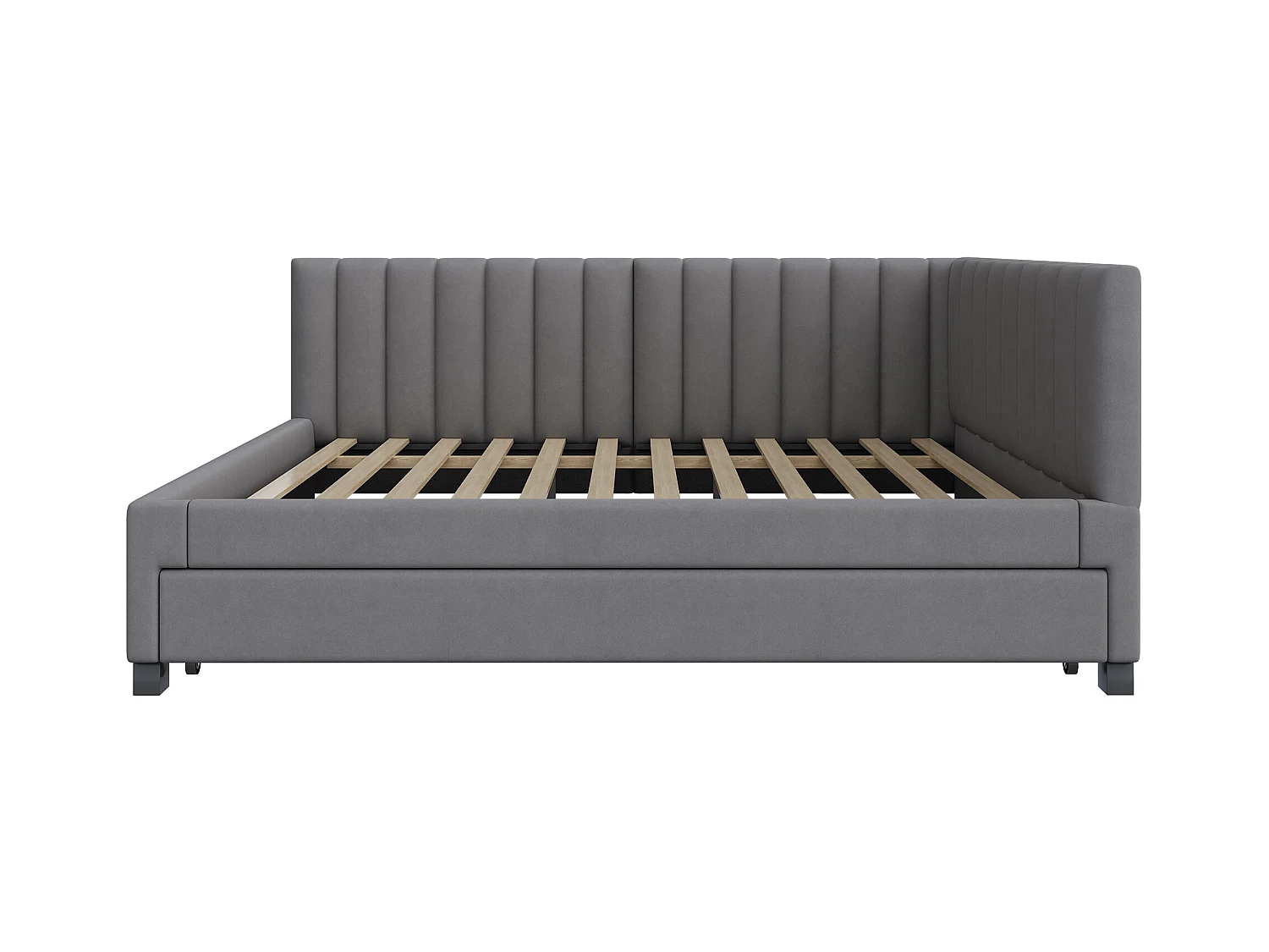 Lit gigogne 140 x 200 cm + 90 x 190 cm avec tête de lit - Tissu velours - avec sommier à lattes - Gris