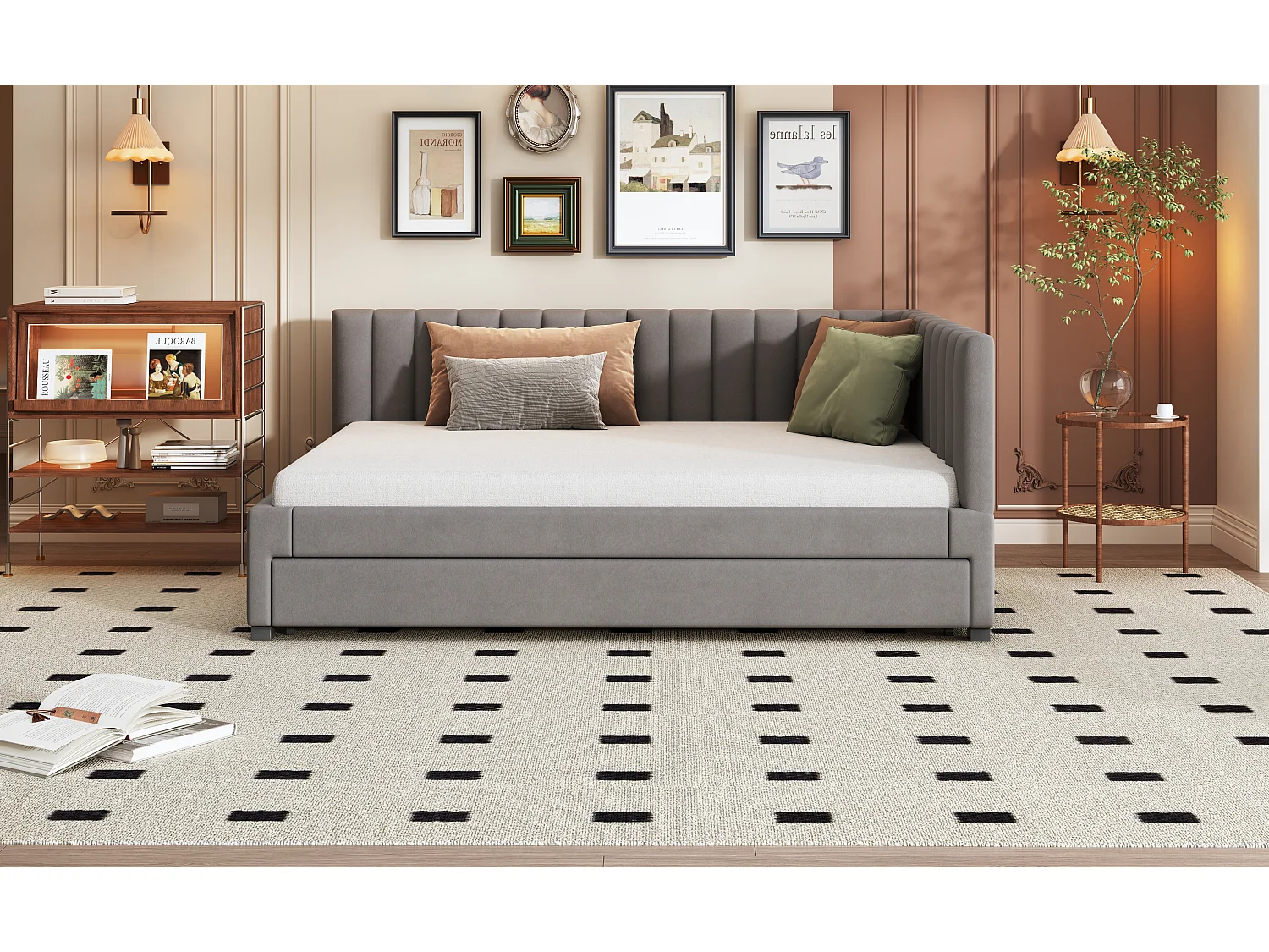 Uitschuifbed 140 x 200 cm + 90 x 190 cm met hoofdbord - Stof fluweel - met lattenbodem - Grijs