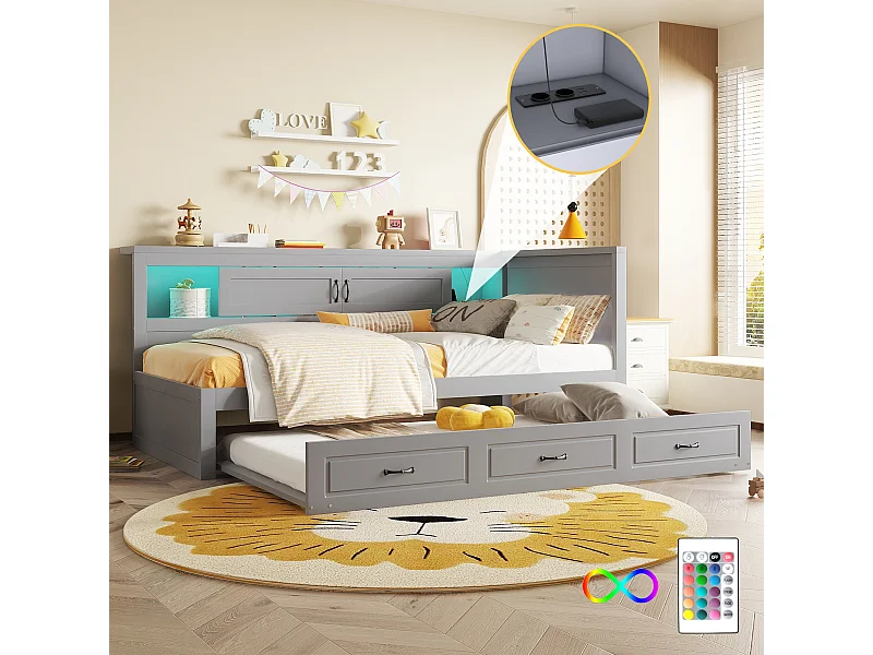 Ausziehbett 90 x 200 cm + 90 x 190 cm mit 2 Schiebetüren und USB-Steckdosen - LEDs - Spanplatte + MDF - Grau (ohne Matratze)