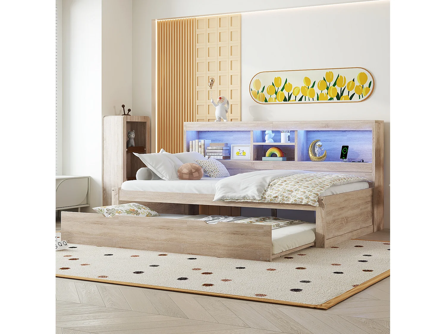 Lit gigogne 90 x 200 cm + 90 x 190 cm avec compartiments et prises USB - LEDs - Aggloméré + MDF - Naturel (sans matelas)