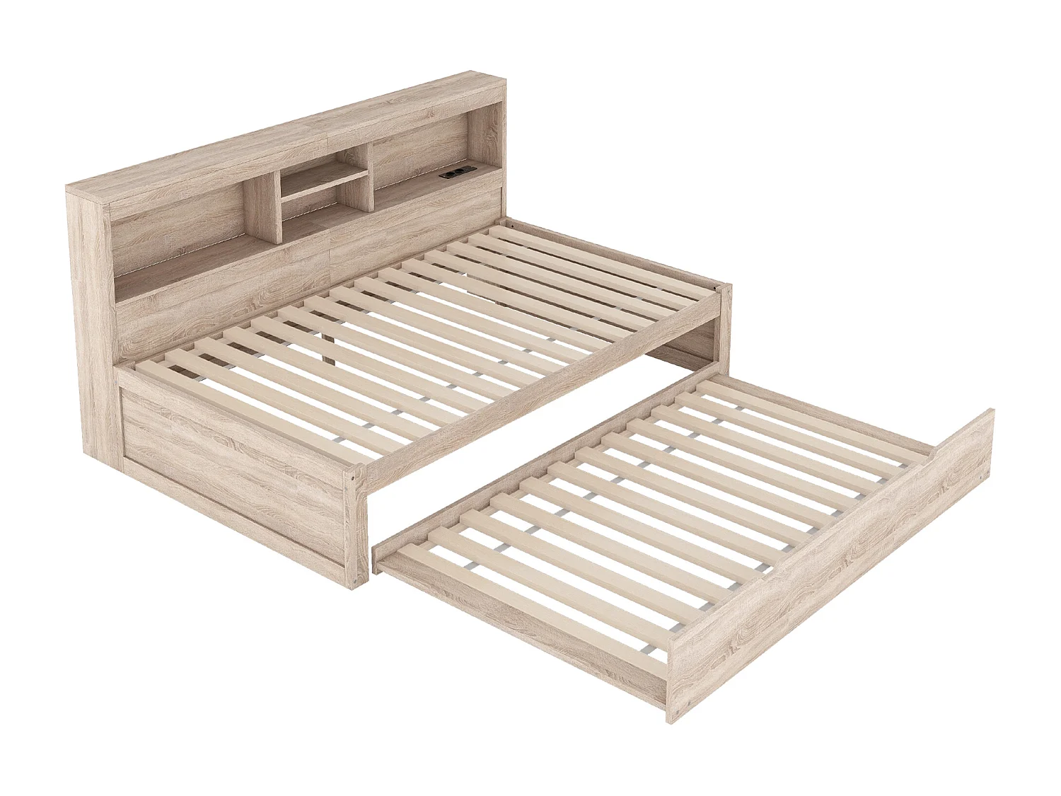 Lit gigogne 90 x 200 cm + 90 x 190 cm avec compartiments et prises USB - LEDs - Aggloméré + MDF - Naturel (sans matelas)