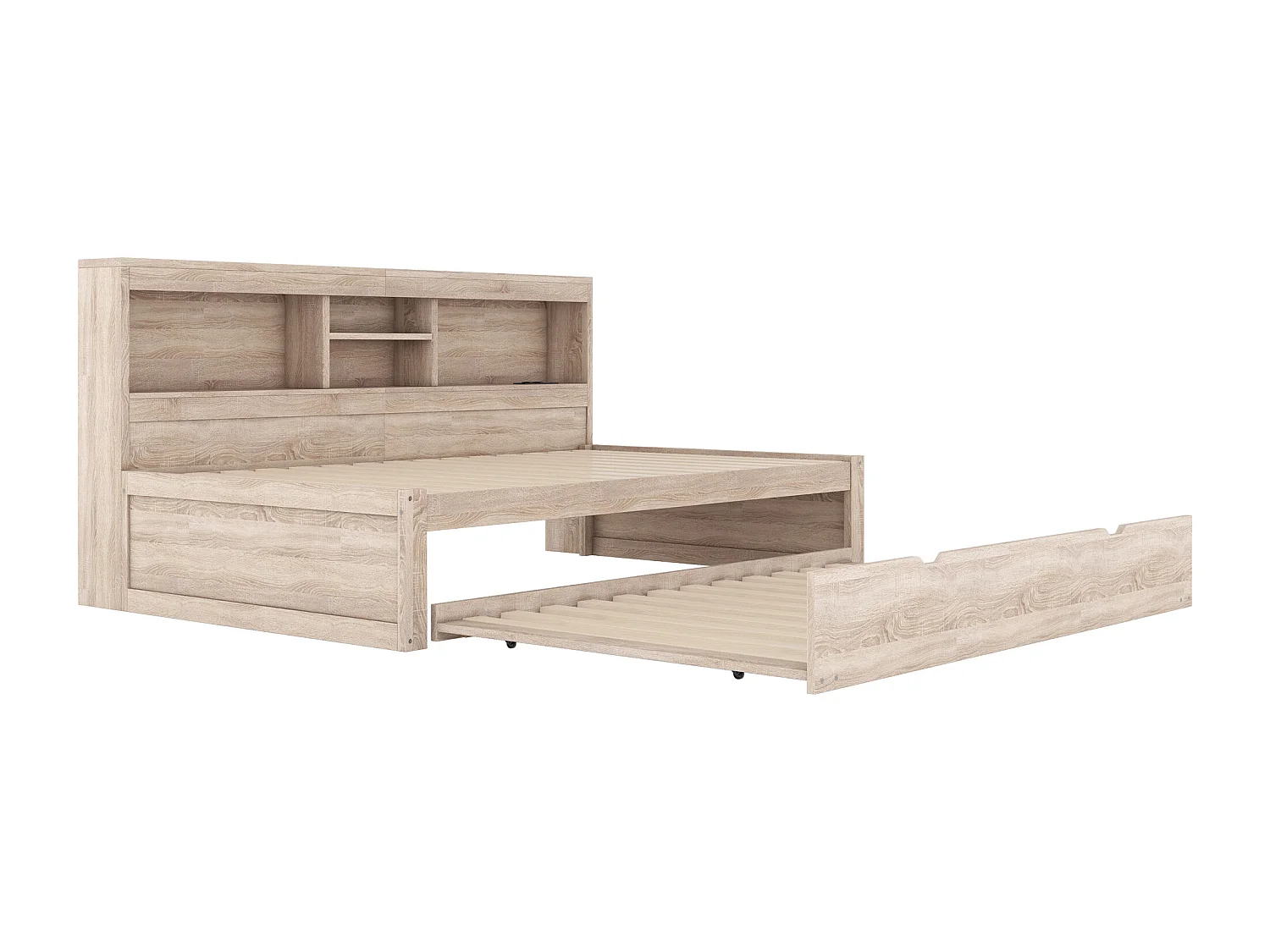 Lit gigogne 90 x 200 cm + 90 x 190 cm avec compartiments et prises USB - LEDs - Aggloméré + MDF - Naturel (sans matelas)