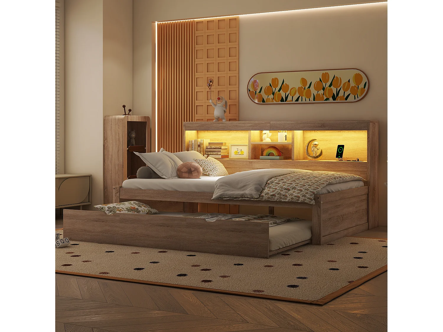 Ausziehbett 90 x 200 cm + 90 x 190 cm mit Fächern und USB-Steckdosen - LEDs - Spanplatte + MDF - Natur (ohne Matratze)