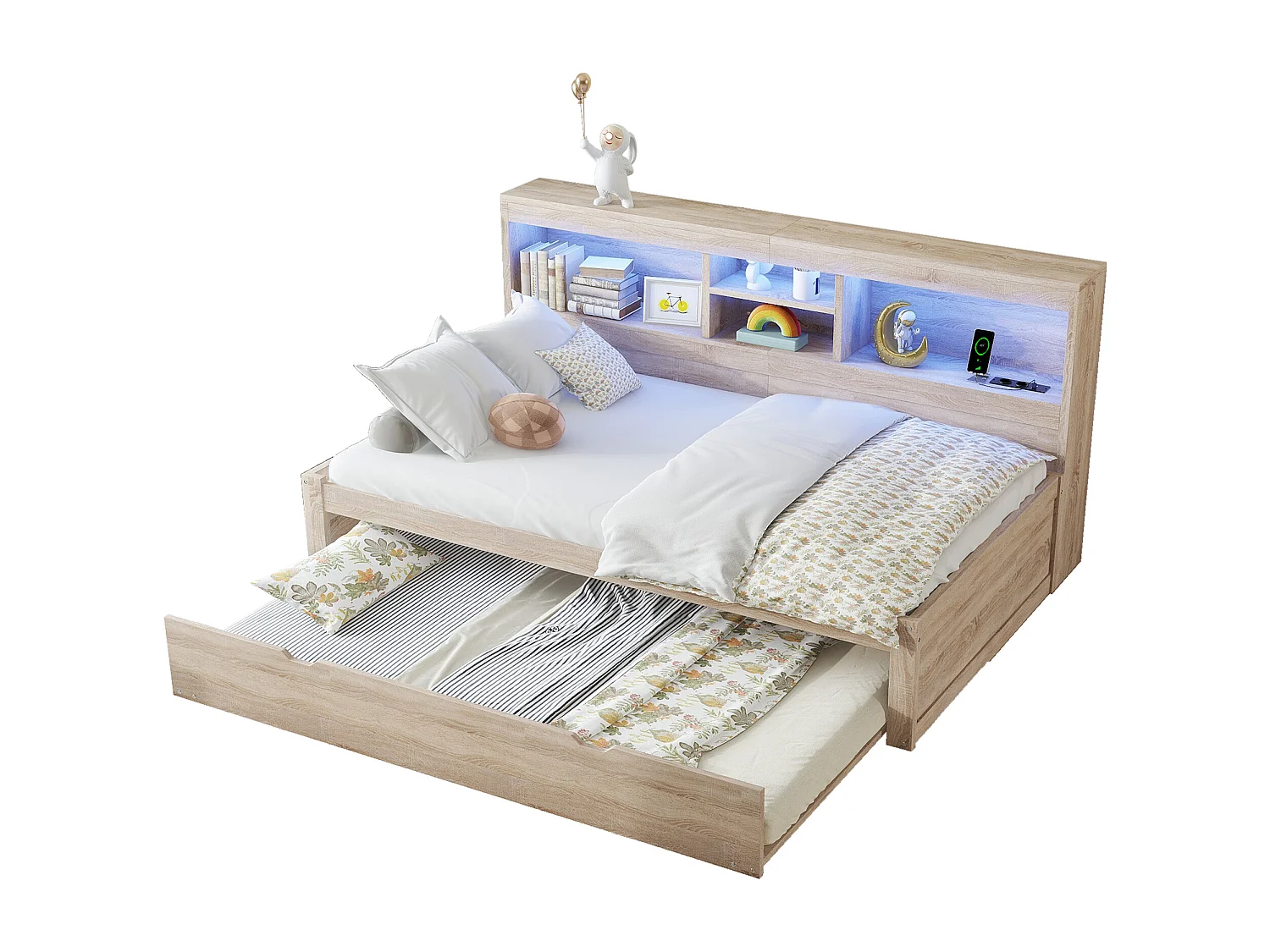 Ausziehbett 90 x 200 cm + 90 x 190 cm mit Fächern und USB-Steckdosen - LEDs - Spanplatte + MDF - Natur (ohne Matratze)