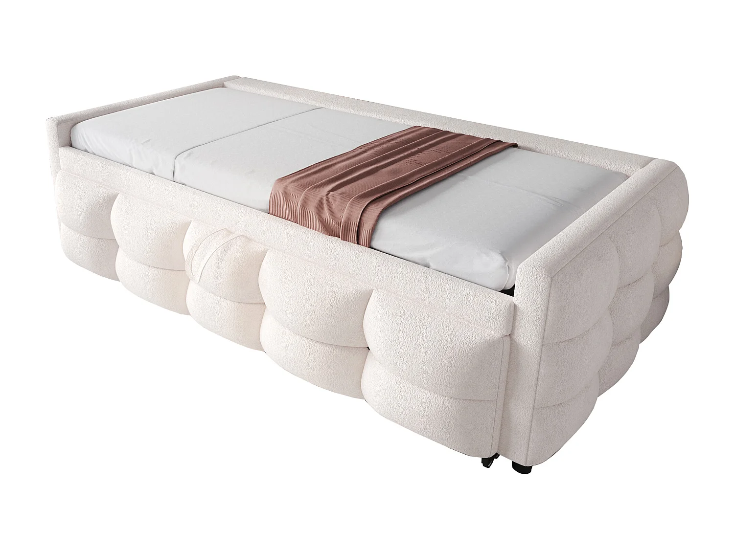 Uitschuifbed 90/180 x 190 cm zonder hoofdbord - Teddy fluwelen stof - met lattenbodem - Beige